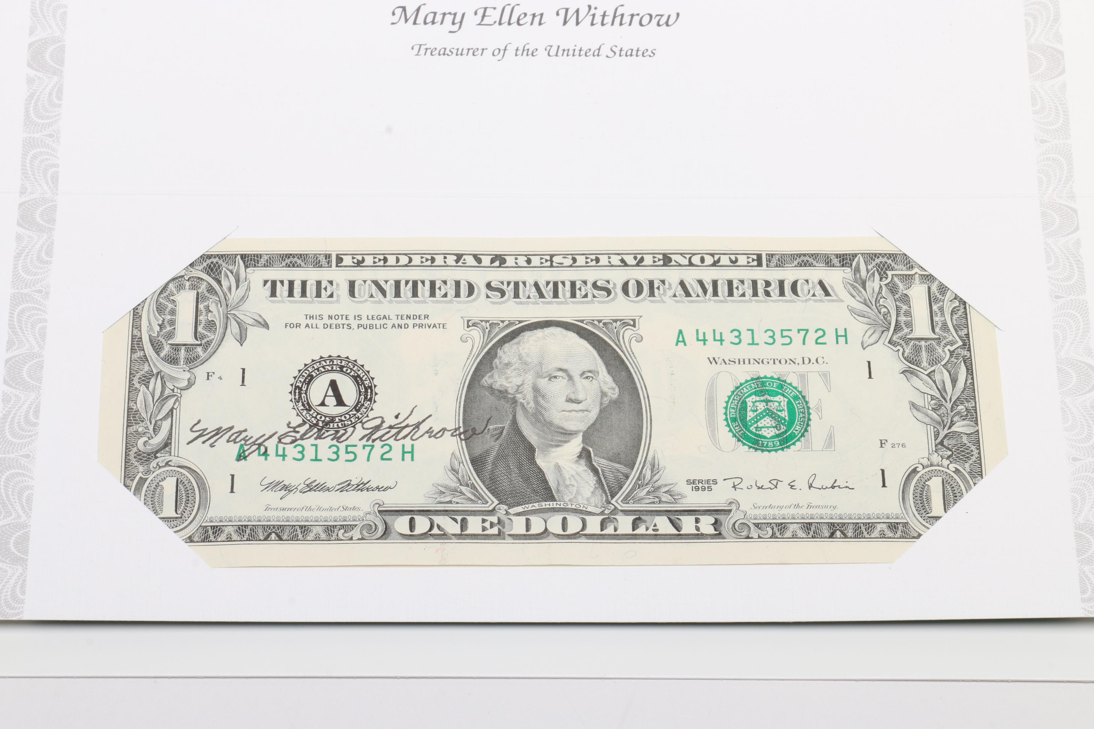 Mary Ellen Withrow, Treasurer of the United States, Autographed $1 Banknote