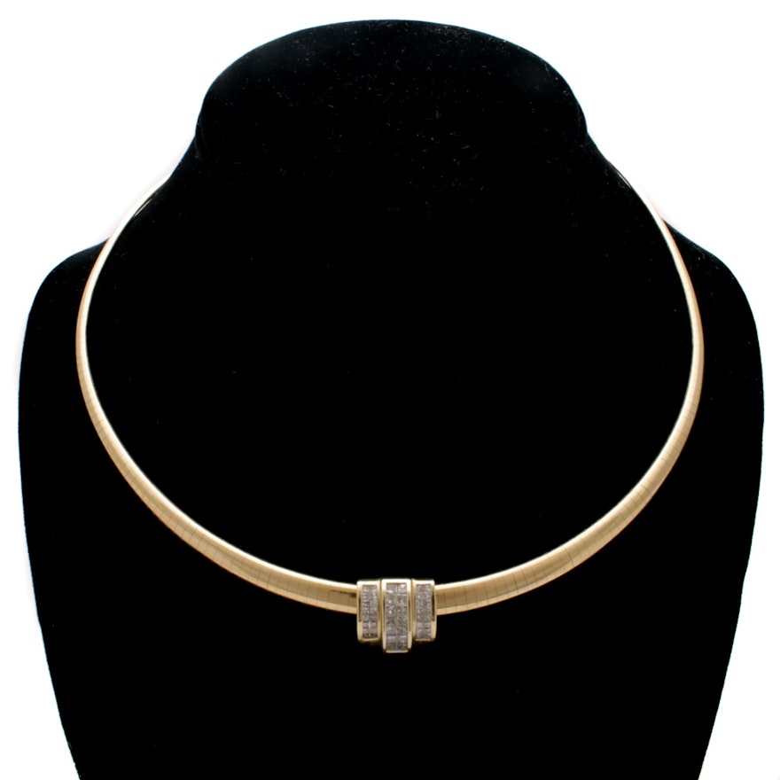 Italian 14K Yellow Gold Diamond Slide Pendant Collar Necklace