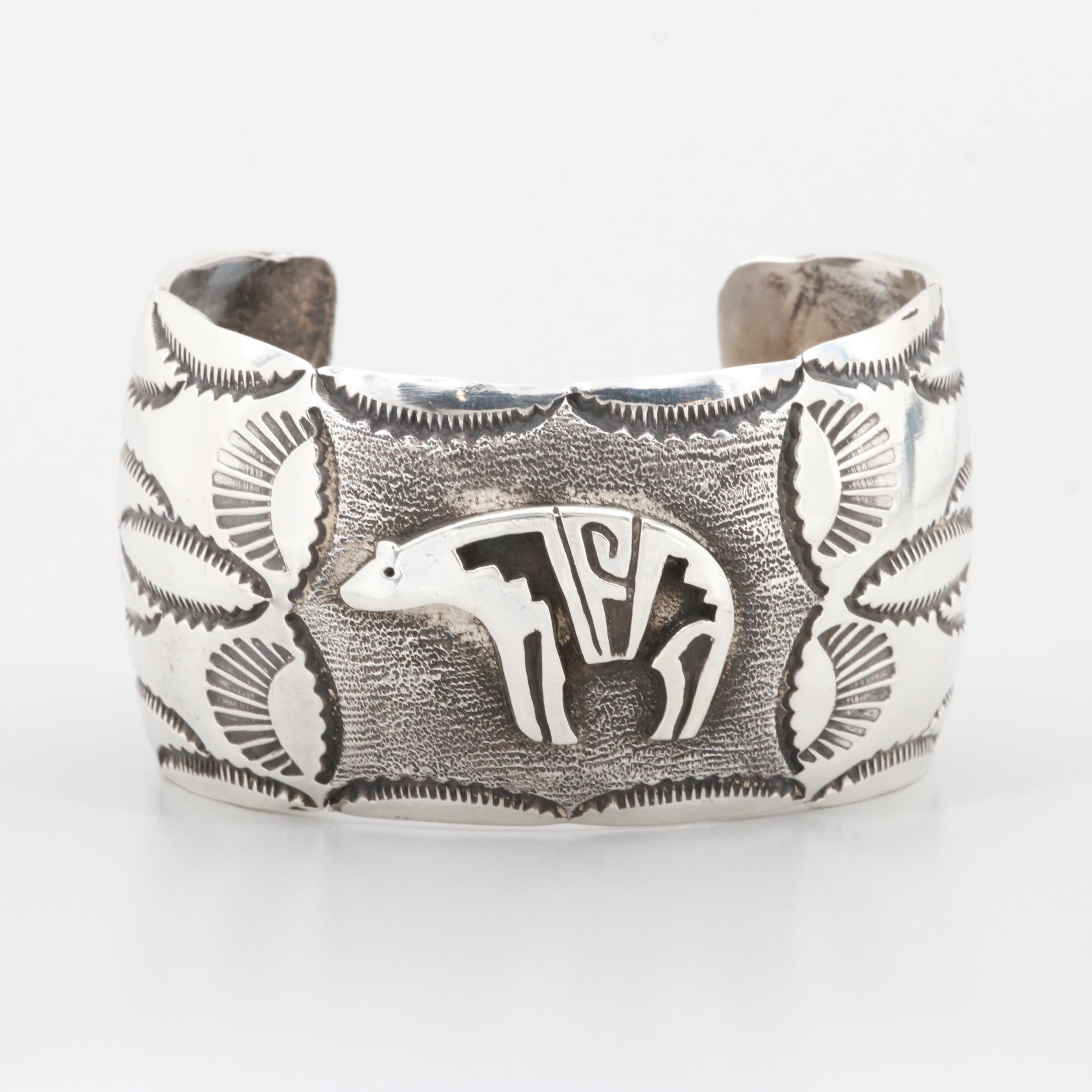 Southwestern Sterling Silver Cuff Bracelet with Stamp Work Applique