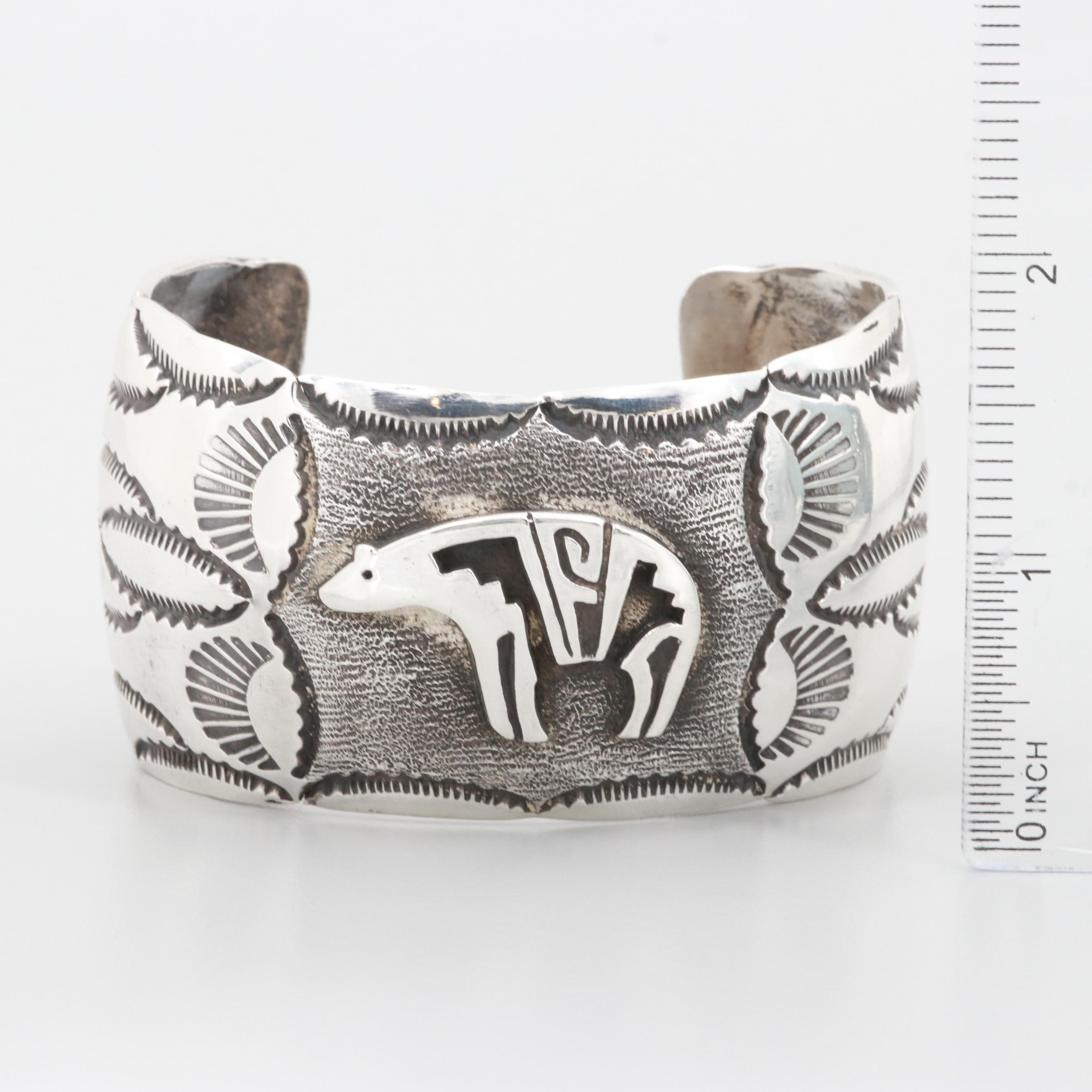 Southwestern Sterling Silver Cuff Bracelet with Stamp Work Applique