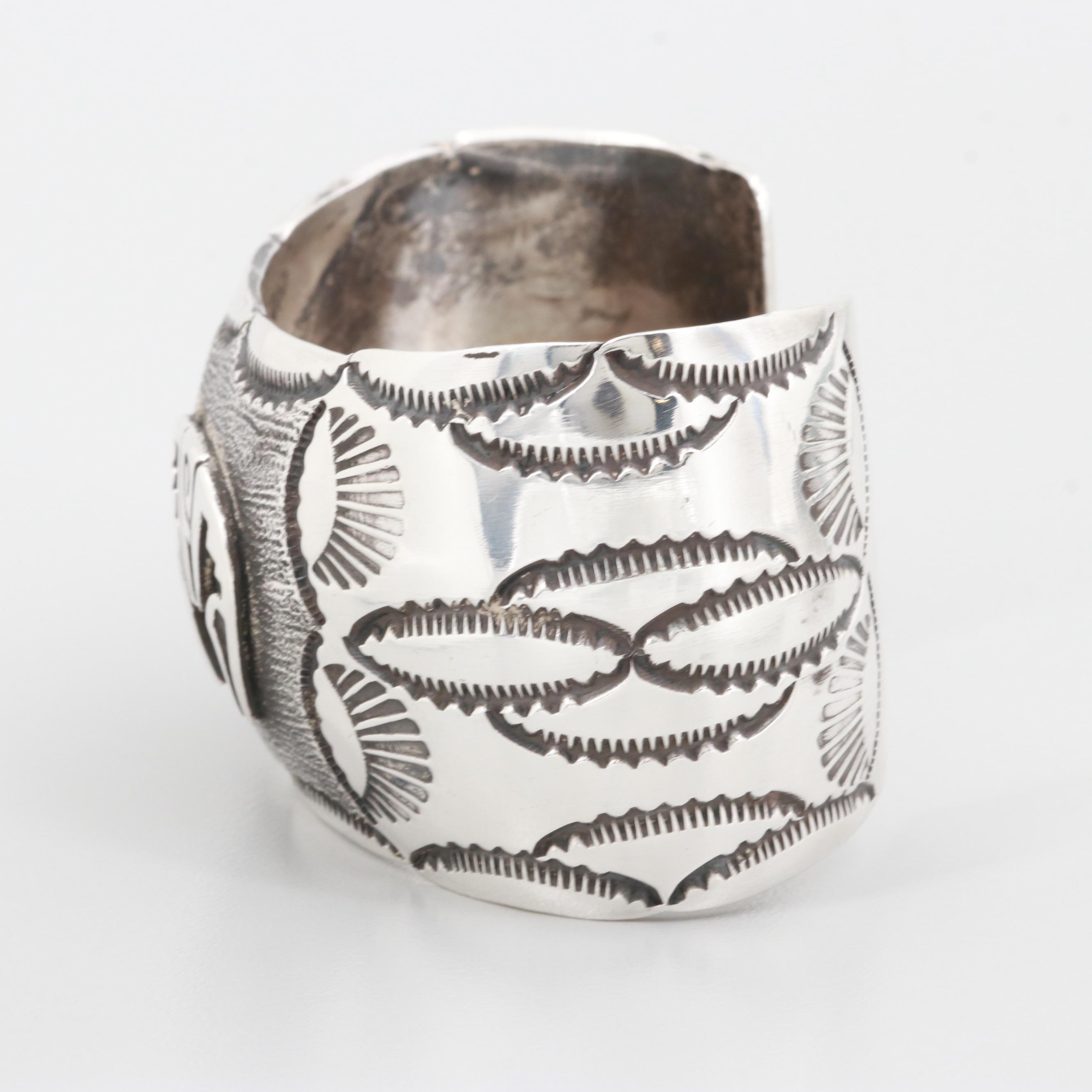 Southwestern Sterling Silver Cuff Bracelet with Stamp Work Applique