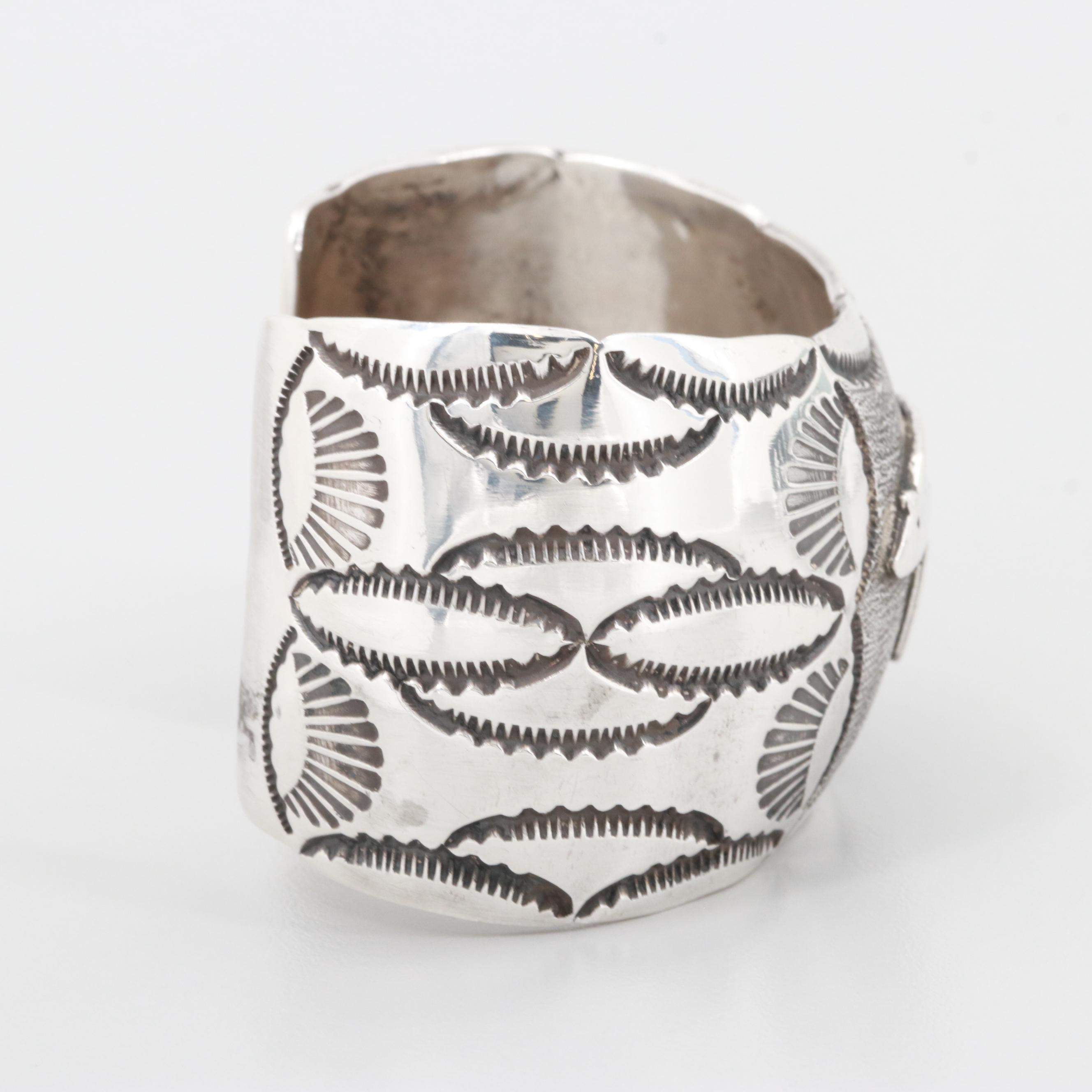 Southwestern Sterling Silver Cuff Bracelet with Stamp Work Applique