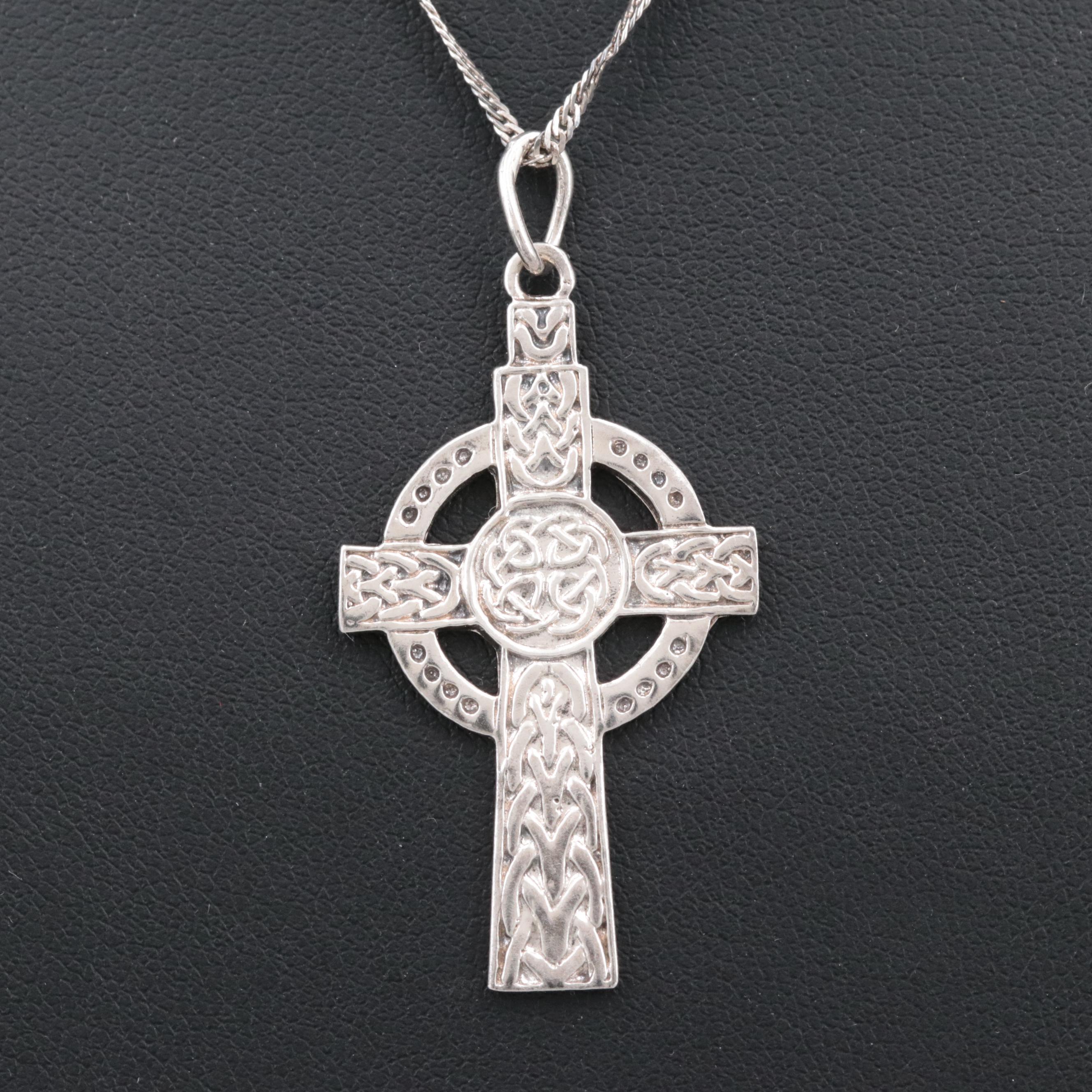 Celtic Style Sterling Silver Cross Pendant Necklace