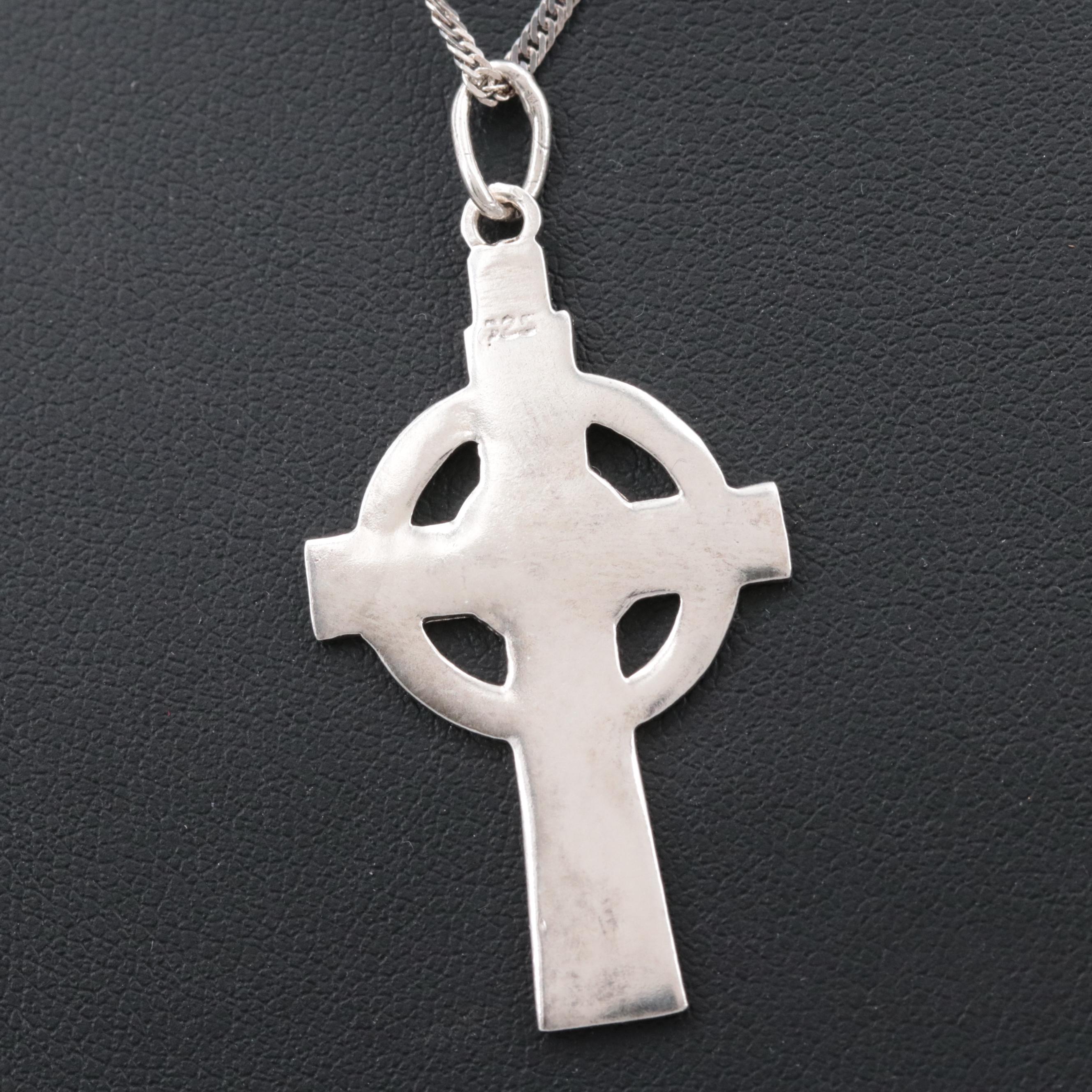 Celtic Style Sterling Silver Cross Pendant Necklace