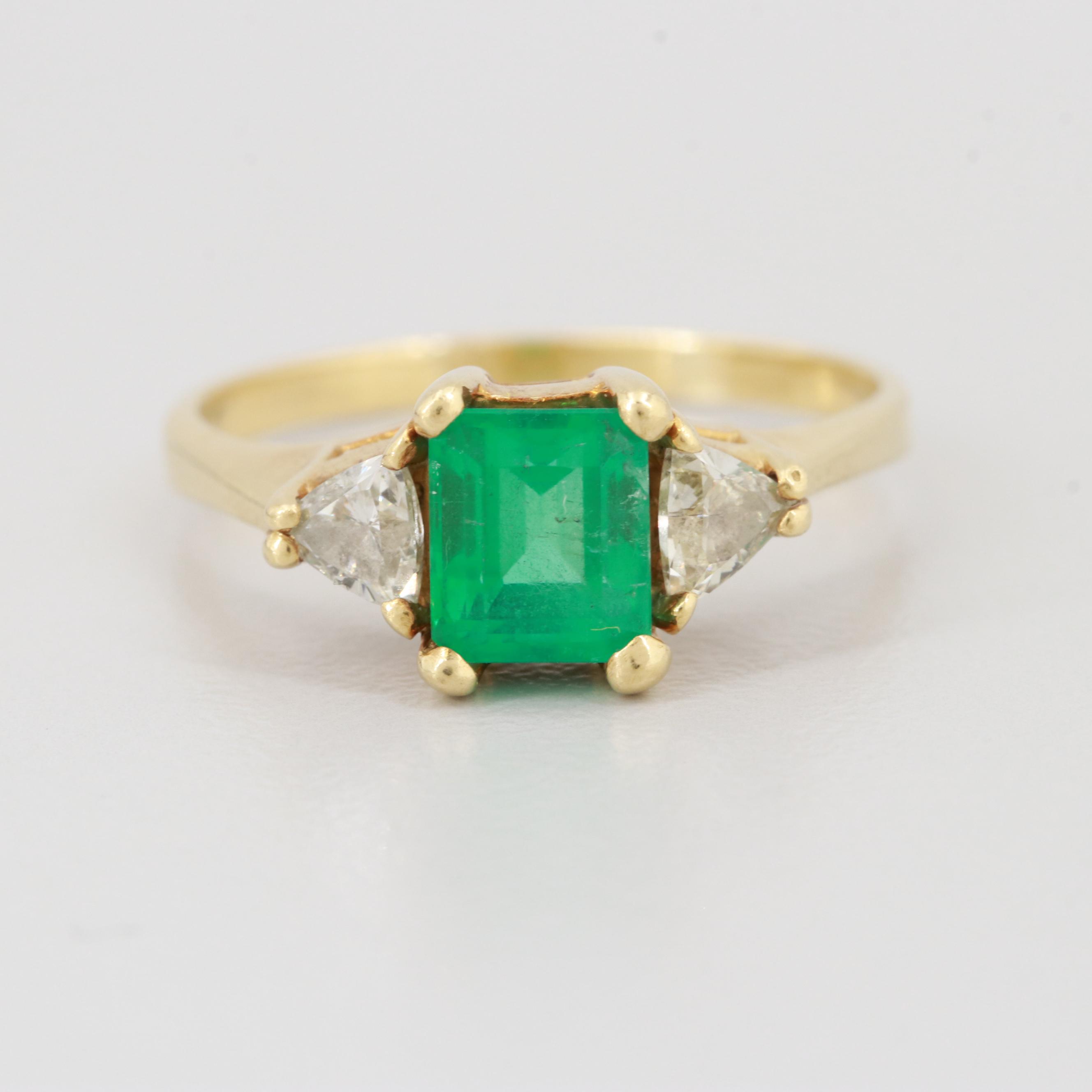 18K Yellow Gold 0.99 CT Emerald Ring with Diamond Accents