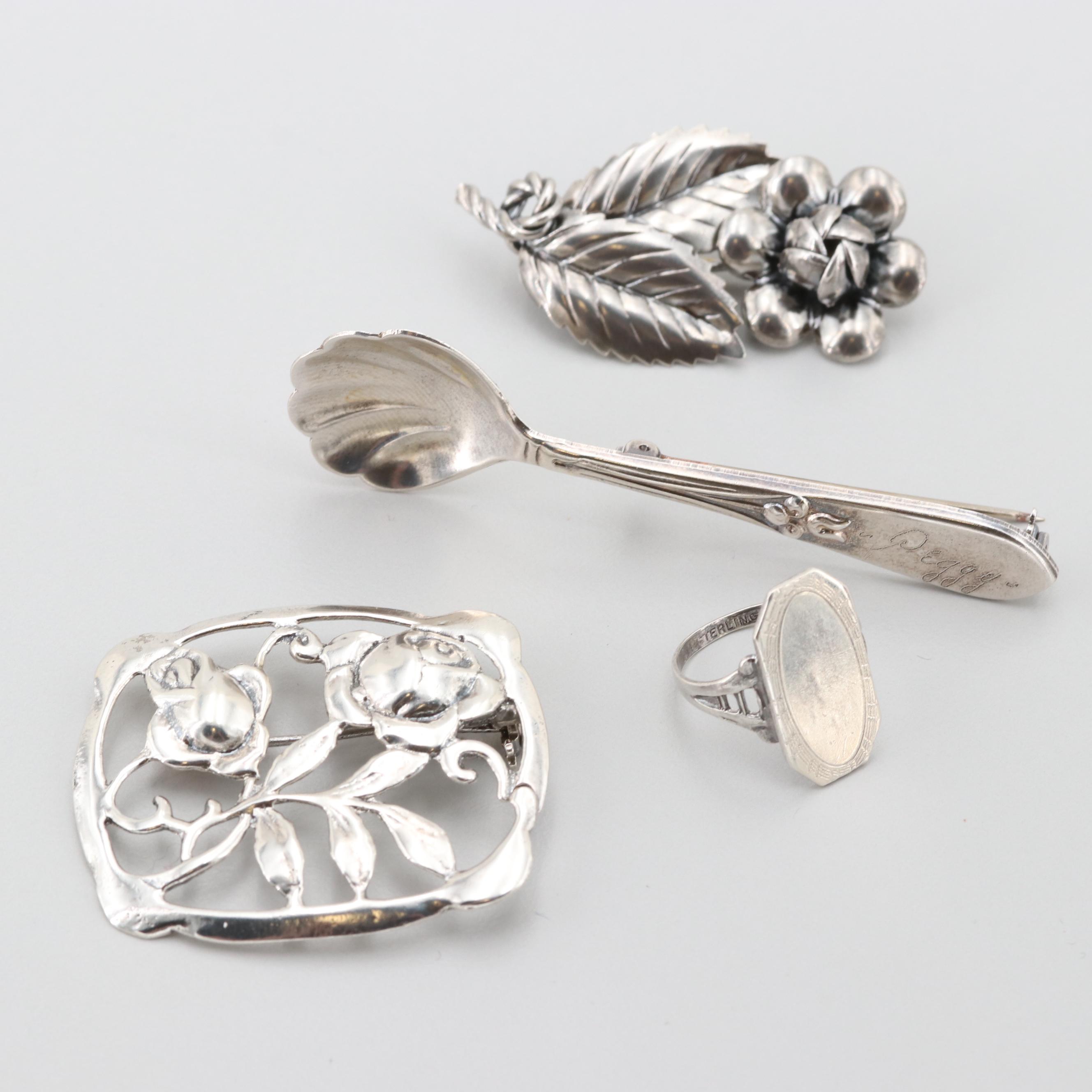 Sterling Silver Jewelry Including Silverman Brothers Scalloped Spoon Brooch