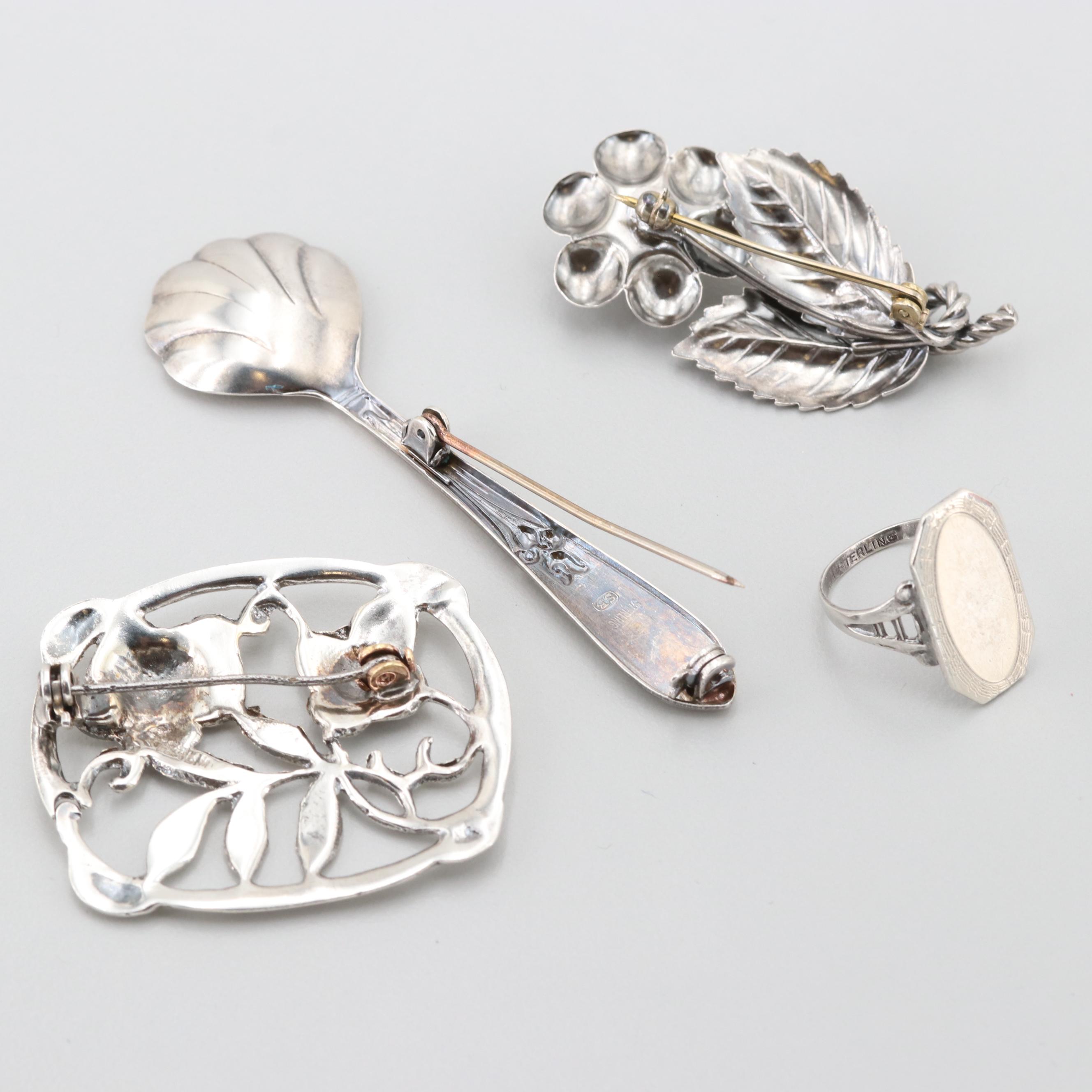 Sterling Silver Jewelry Including Silverman Brothers Scalloped Spoon Brooch