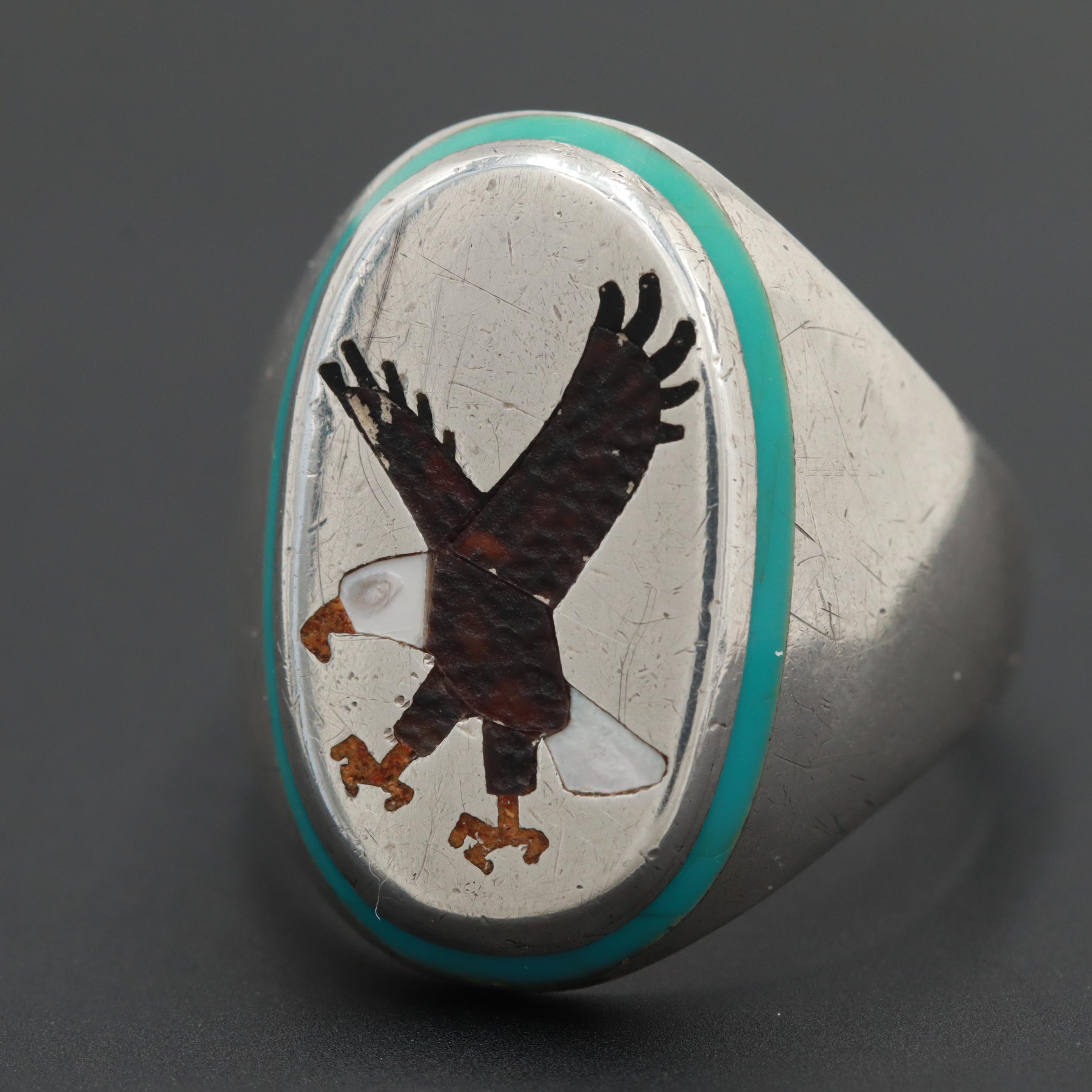 Vintage Bernice Bonney Navajo Diné Sterling Mother of Pearl and Glass Ring