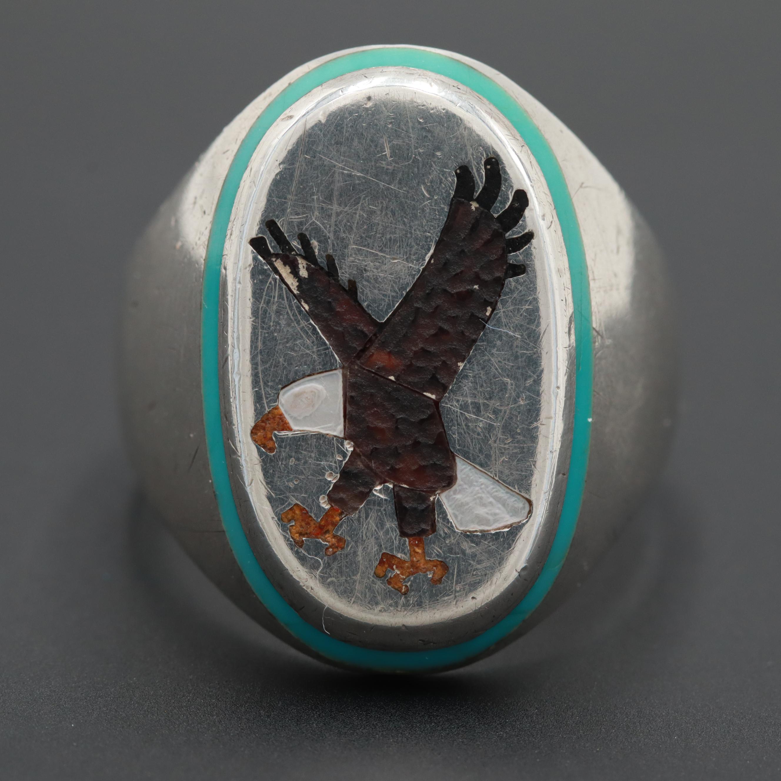 Vintage Bernice Bonney Navajo Diné Sterling Mother of Pearl and Glass Ring