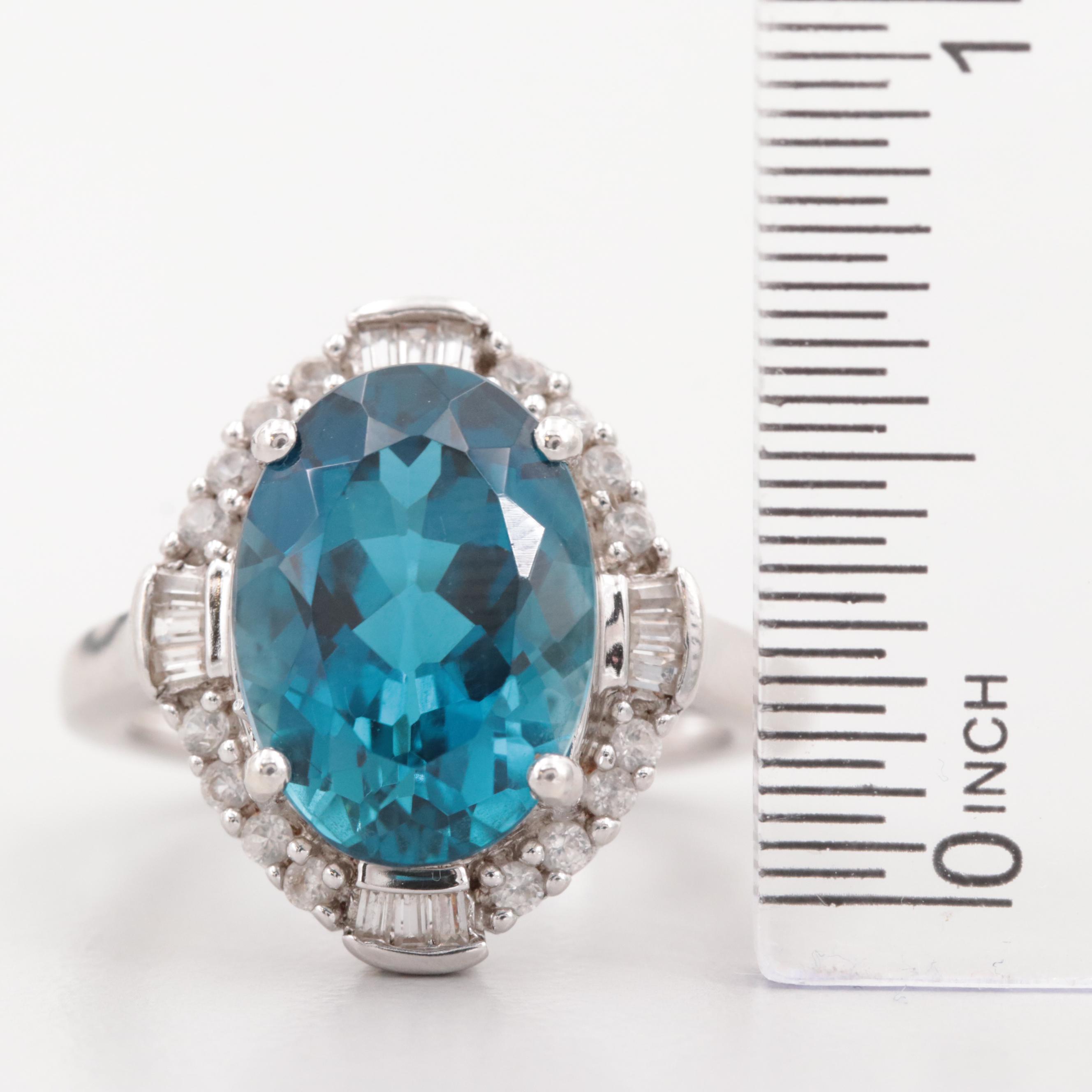 Sterling Silver Blue Topaz and Synthetic White Sapphire Ring