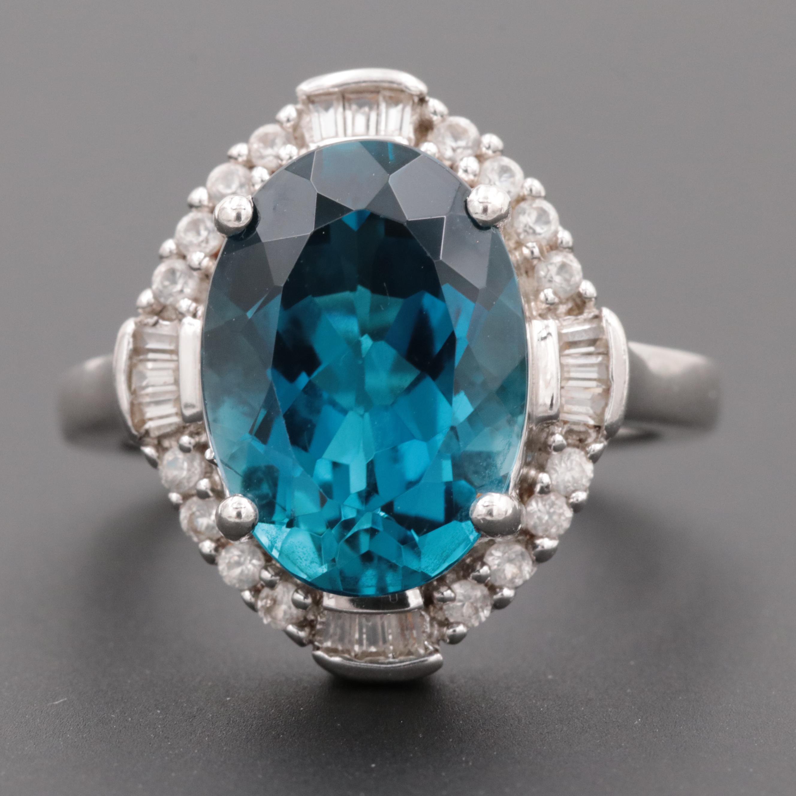 Sterling Silver Blue Topaz and Synthetic White Sapphire Ring