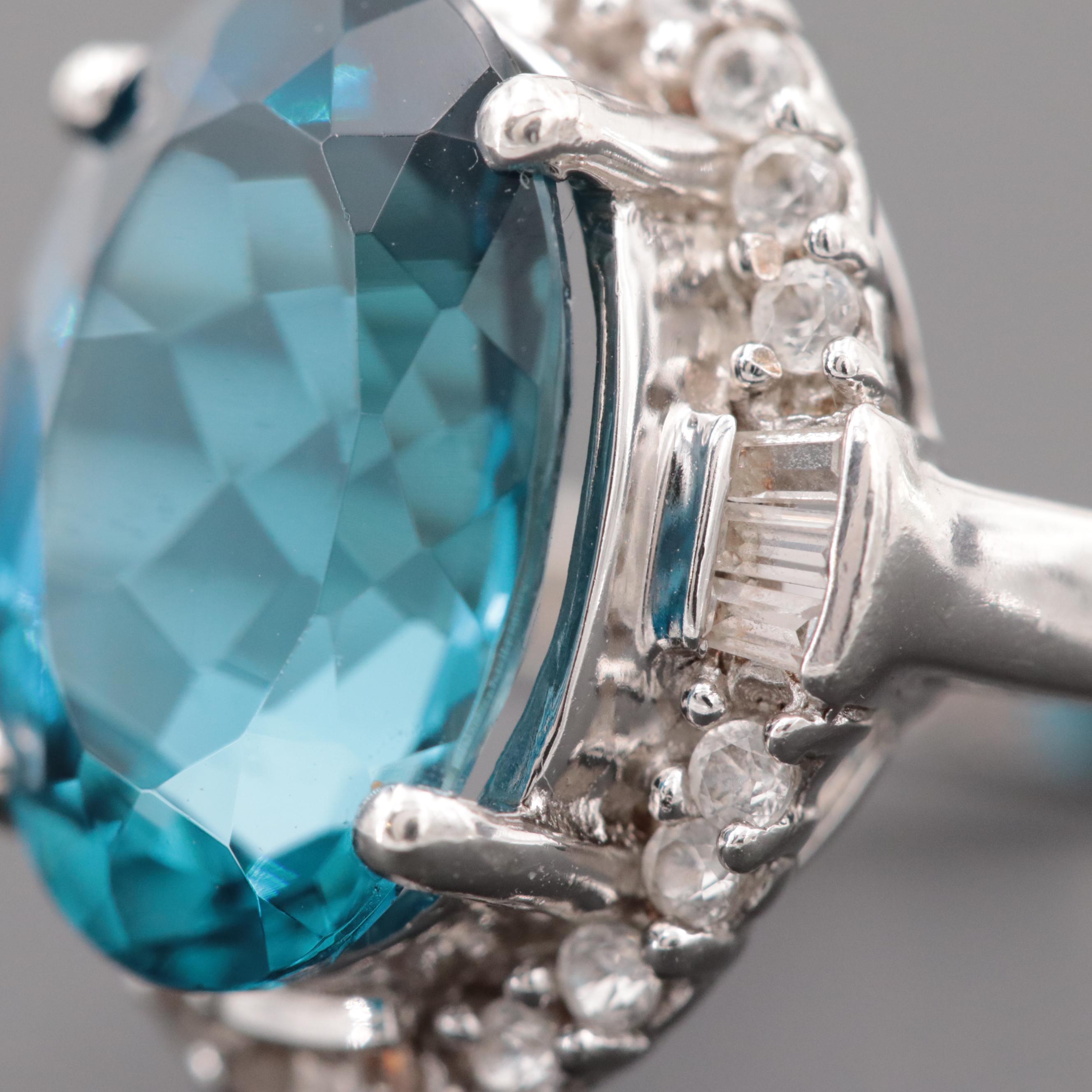 Sterling Silver Blue Topaz and Synthetic White Sapphire Ring