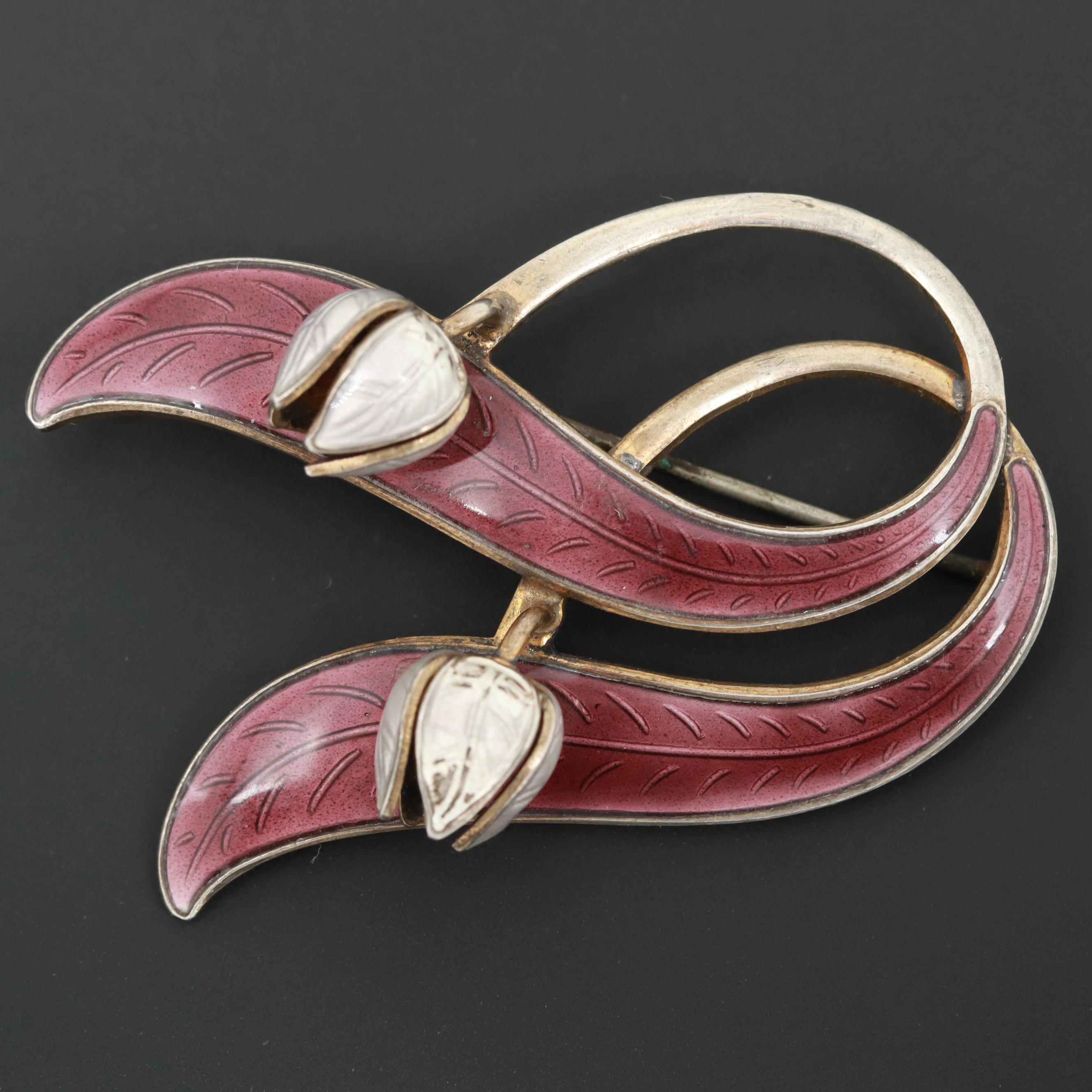 Vintage Aksel Holmsen Norwegian Sterling Silver Basse-Taille Enamel Brooch