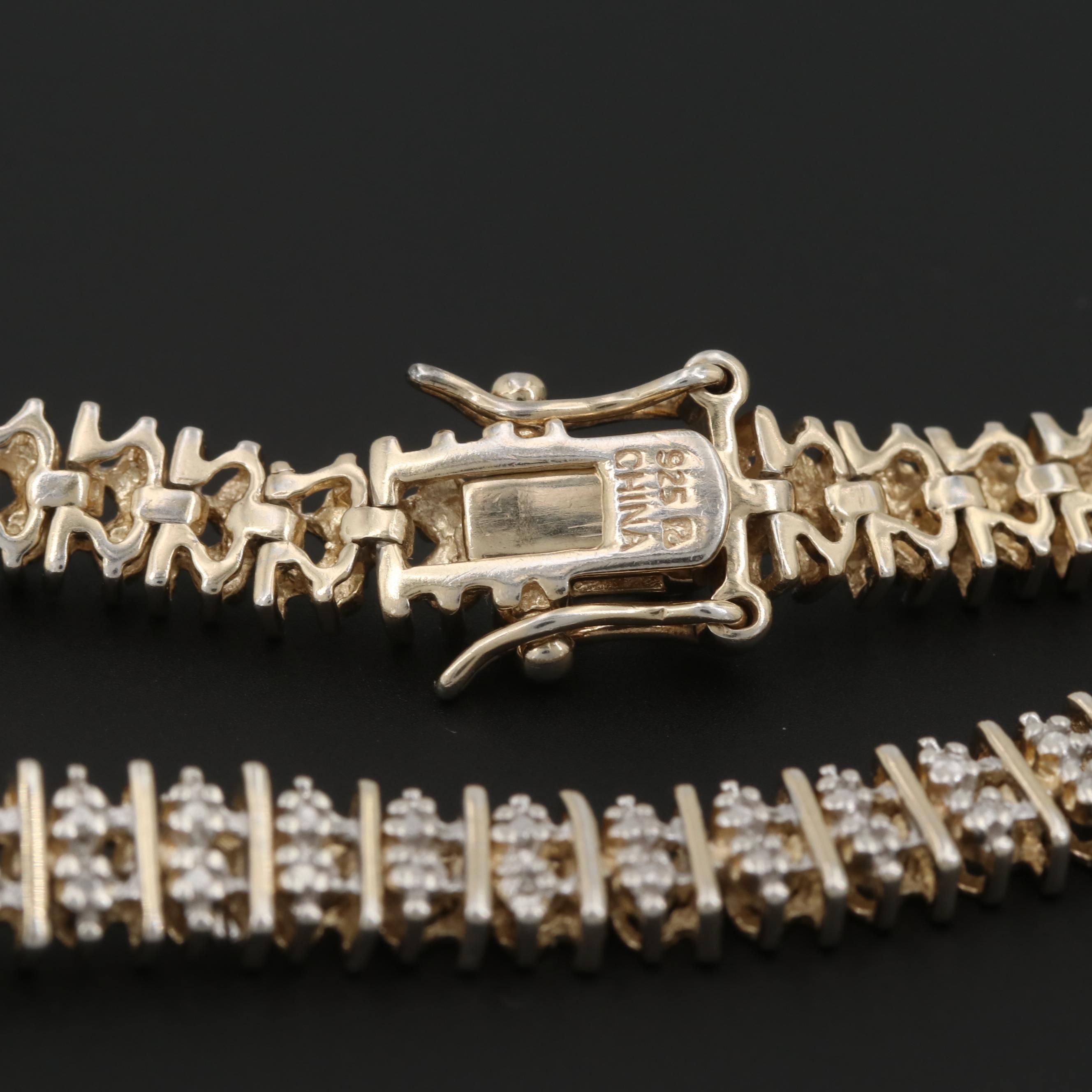 Sterling Silver Diamond Bracelet with Gold Wash Accent