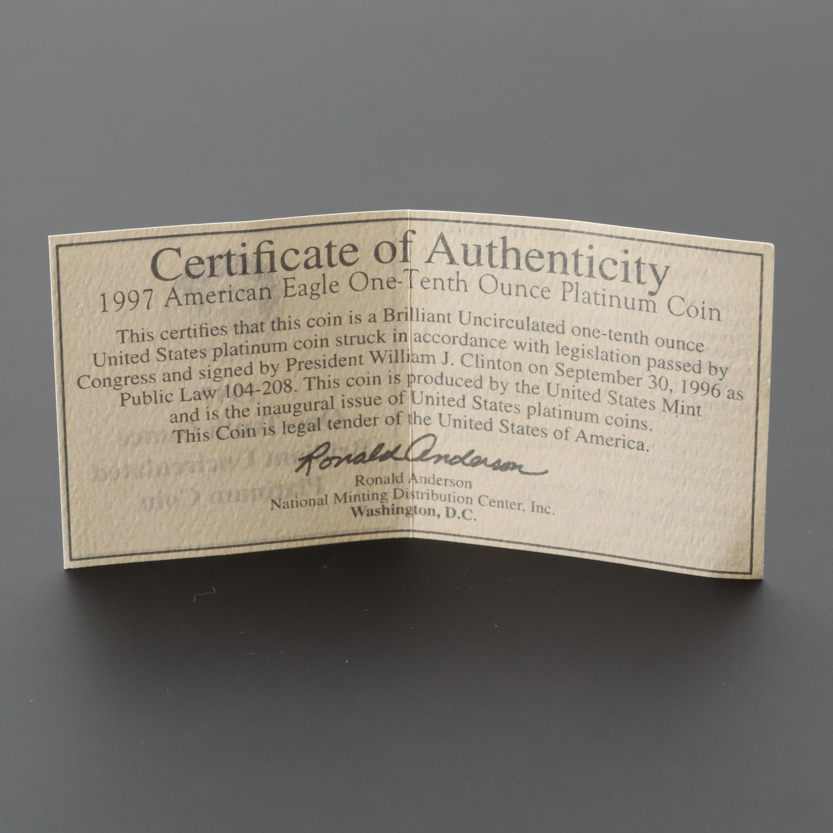 1997 $10 Statue Of Liberty Platinum Uncirculated Coin