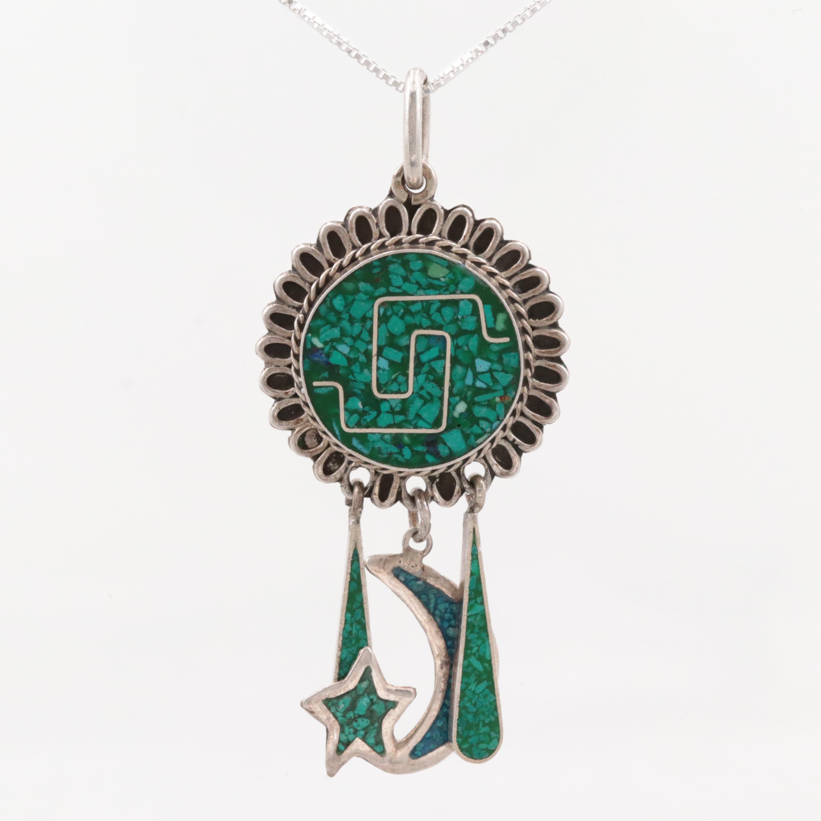 Mexican Sterling Silver Chip Turquoise Pendant Necklace Featuring Crescent Moon