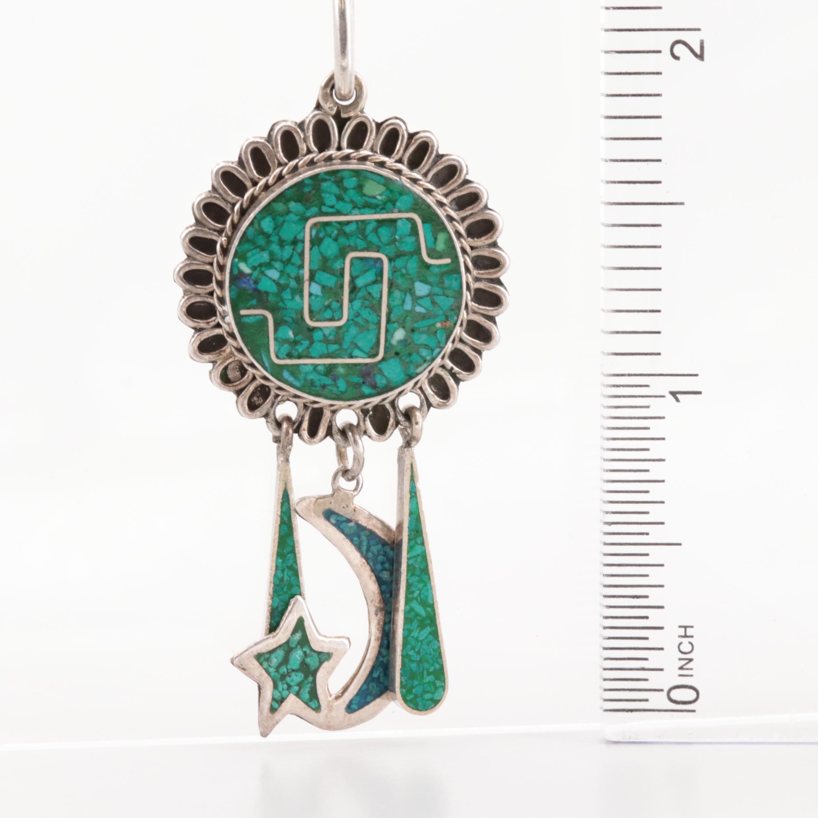 Mexican Sterling Silver Chip Turquoise Pendant Necklace Featuring Crescent Moon