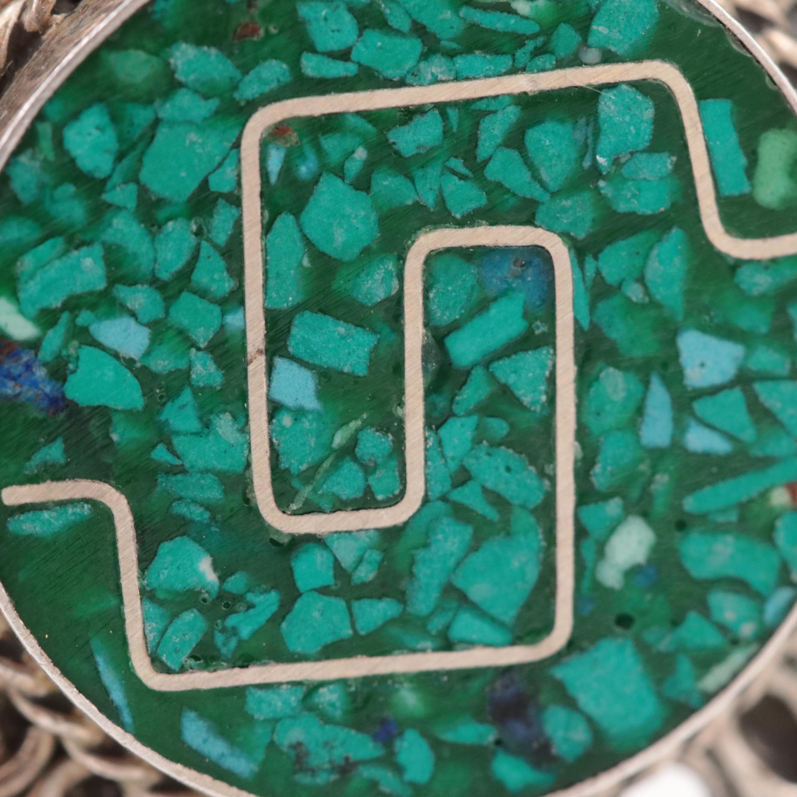 Mexican Sterling Silver Chip Turquoise Pendant Necklace Featuring Crescent Moon