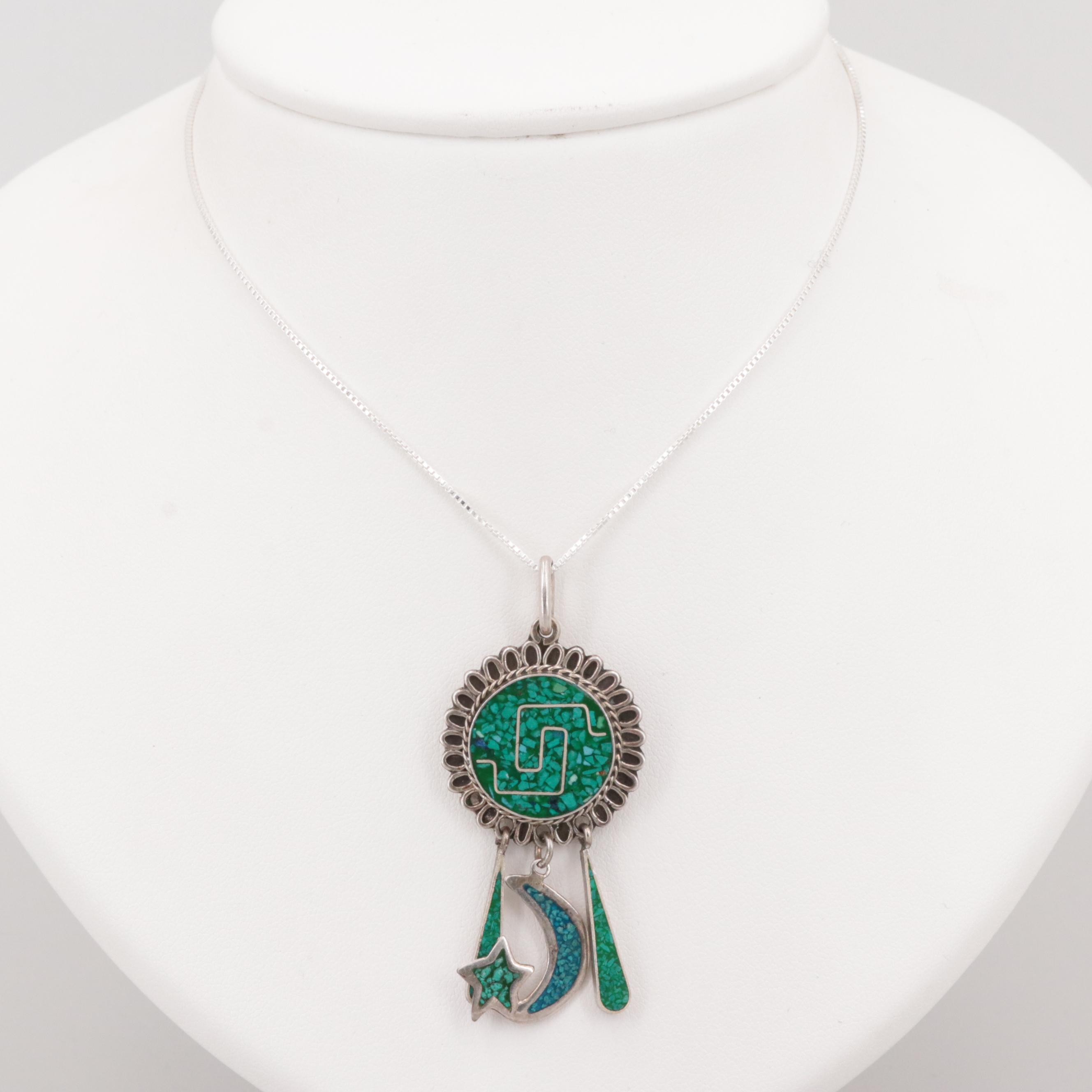 Mexican Sterling Silver Chip Turquoise Pendant Necklace Featuring Crescent Moon