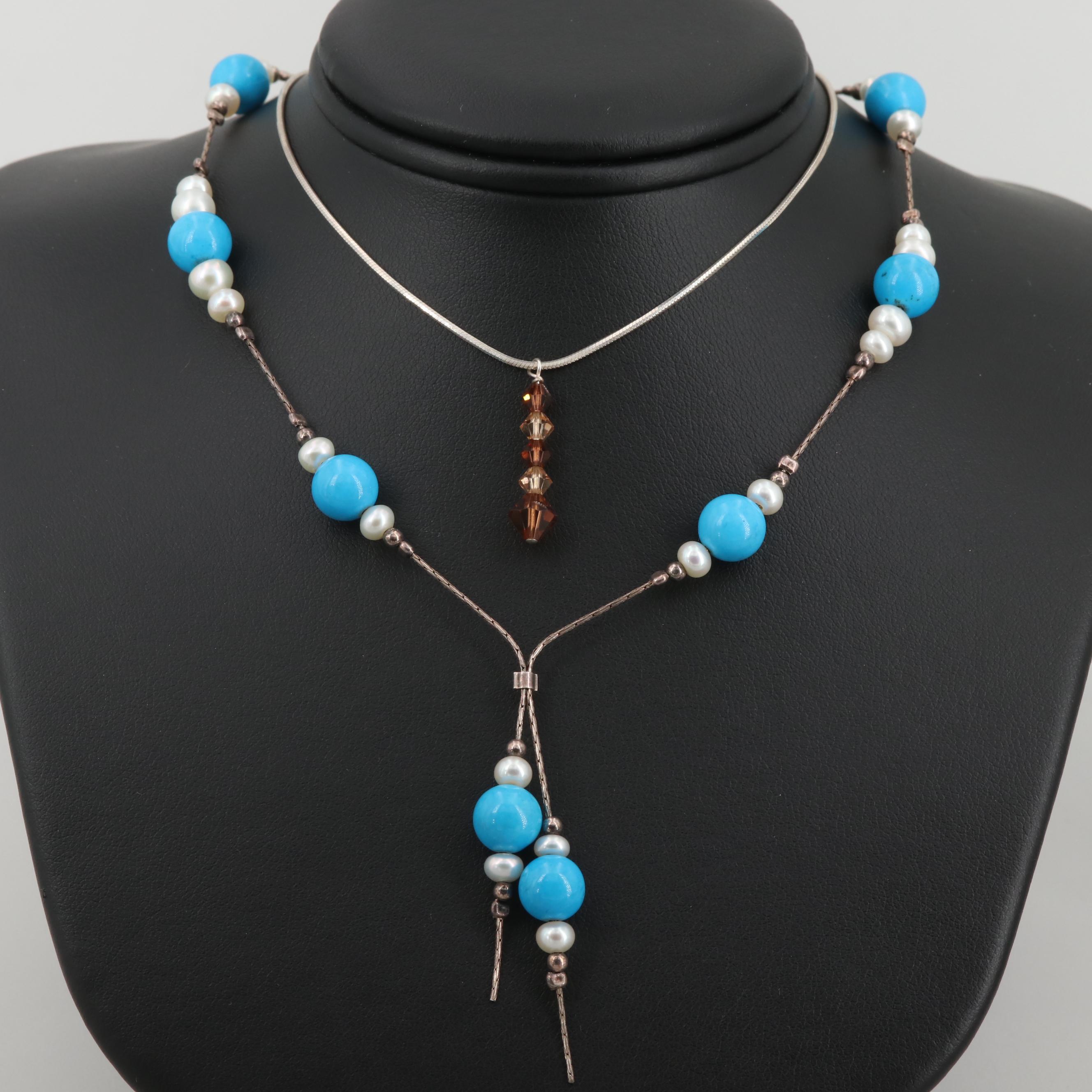 Sterling Cultured Pearl and Crystal Necklace and Silver Tone Magnesite Necklace