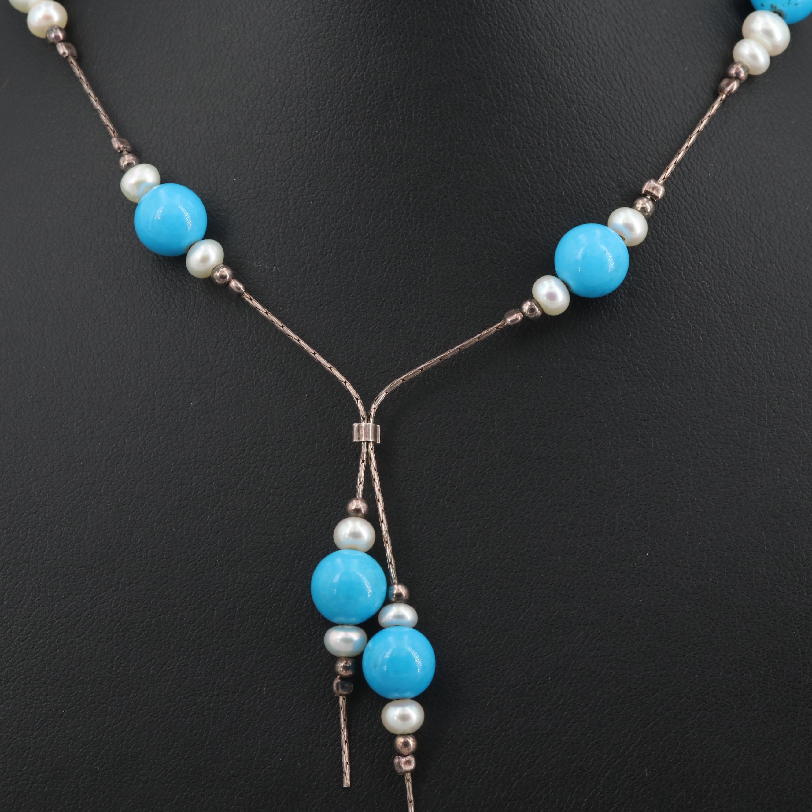 Sterling Cultured Pearl and Crystal Necklace and Silver Tone Magnesite Necklace