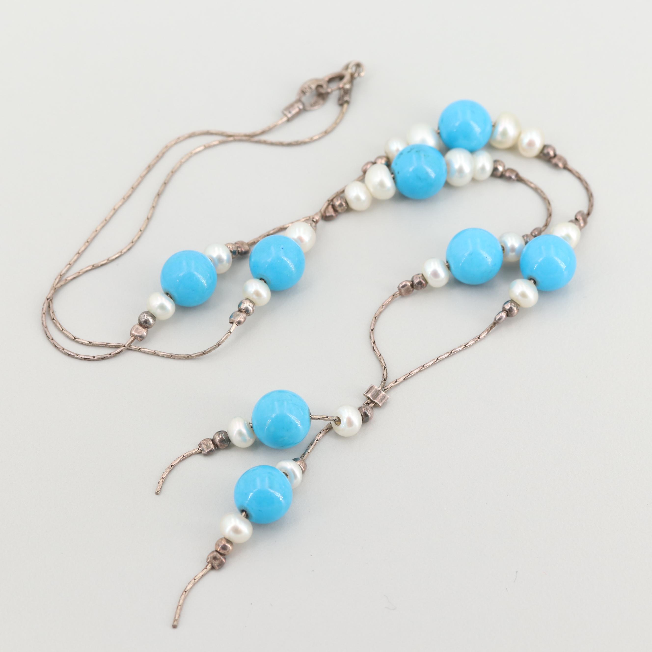 Sterling Cultured Pearl and Crystal Necklace and Silver Tone Magnesite Necklace