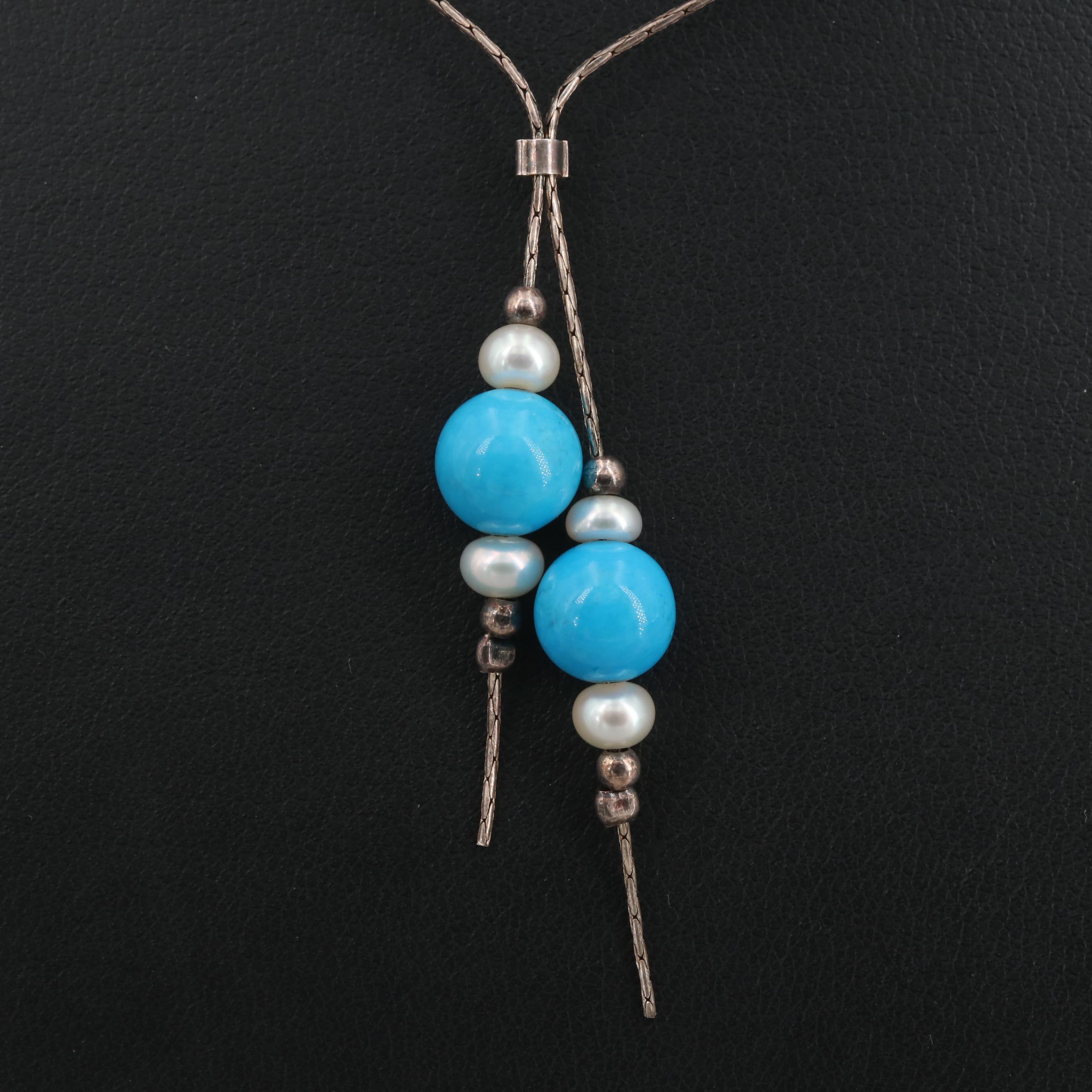 Sterling Cultured Pearl and Crystal Necklace and Silver Tone Magnesite Necklace