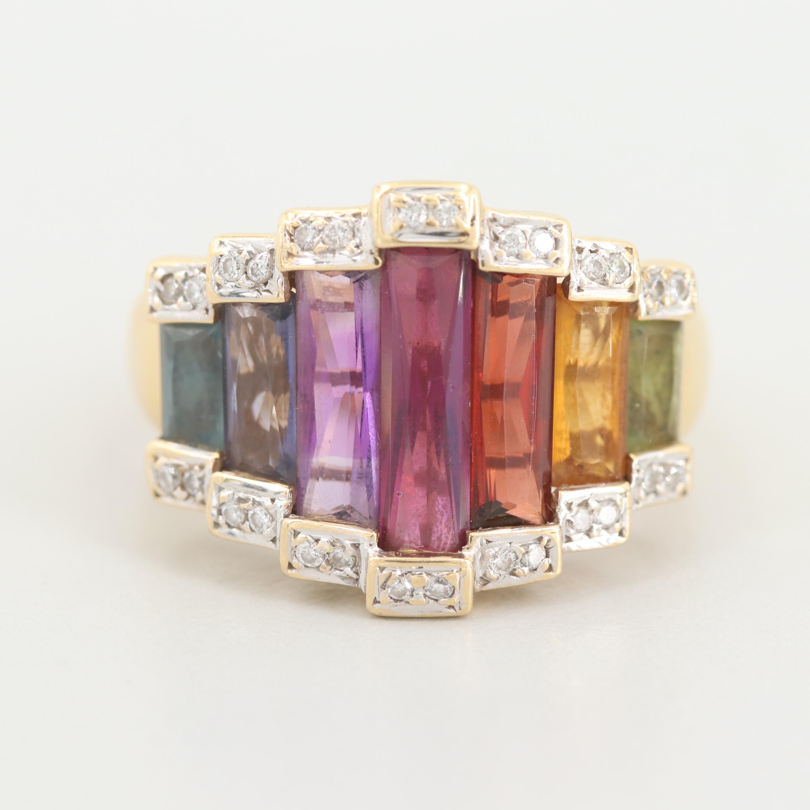 Bellarri 18K Yellow Gold Amethyst, Iolite, Garnet, Diamond and Gemstone Ring