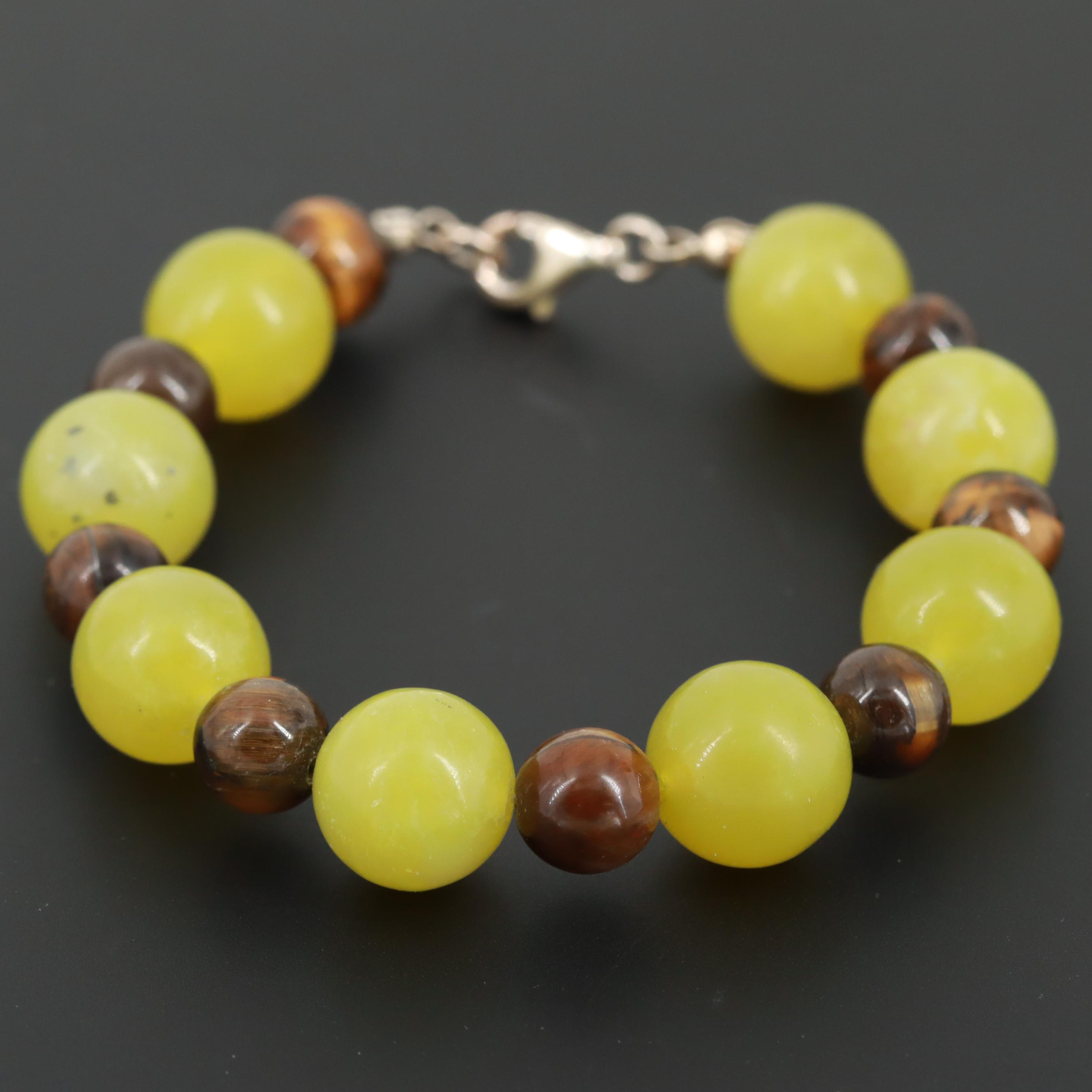 Sterling Silver Serpentine and Tiger's Eye Bead Bracelet