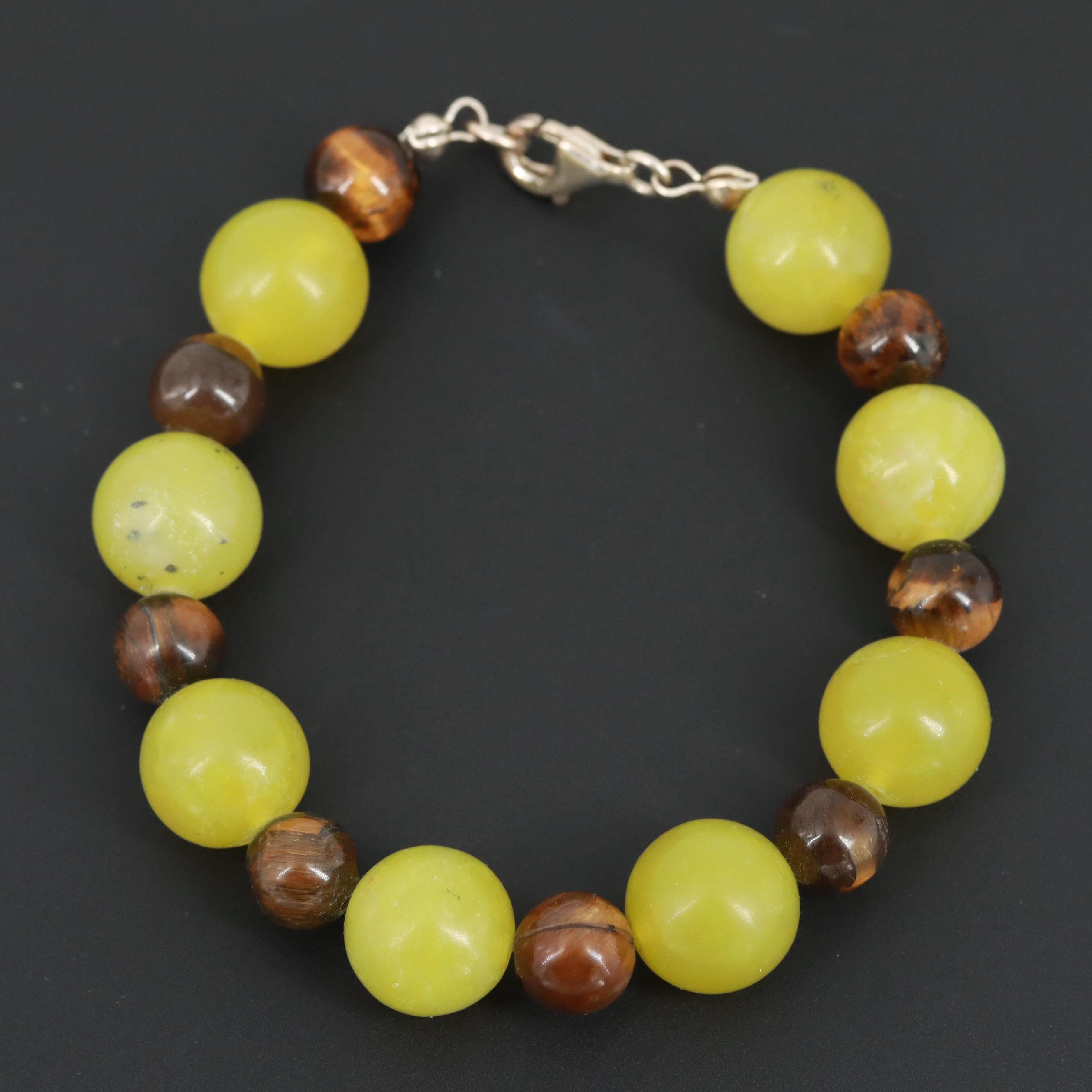 Sterling Silver Serpentine and Tiger's Eye Bead Bracelet