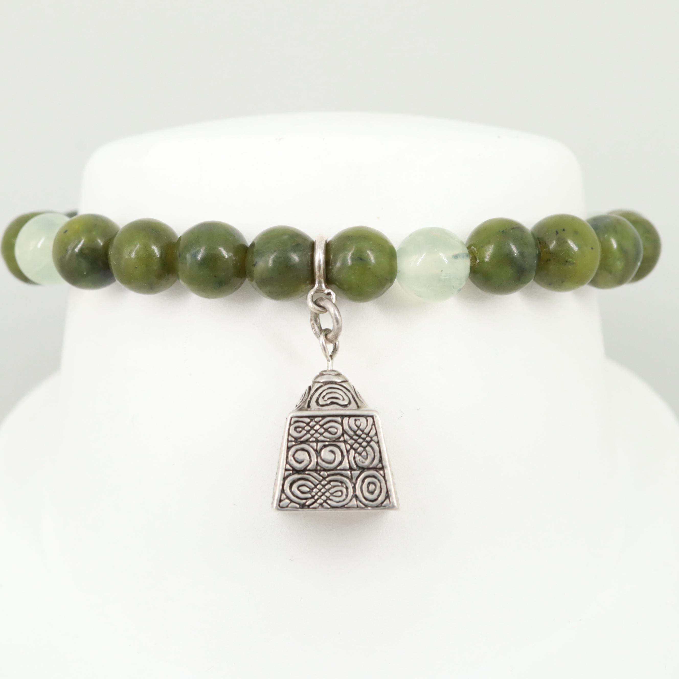 Irish Sterling Silver Nephrite and Prehnite Bead Bracelet With Charm