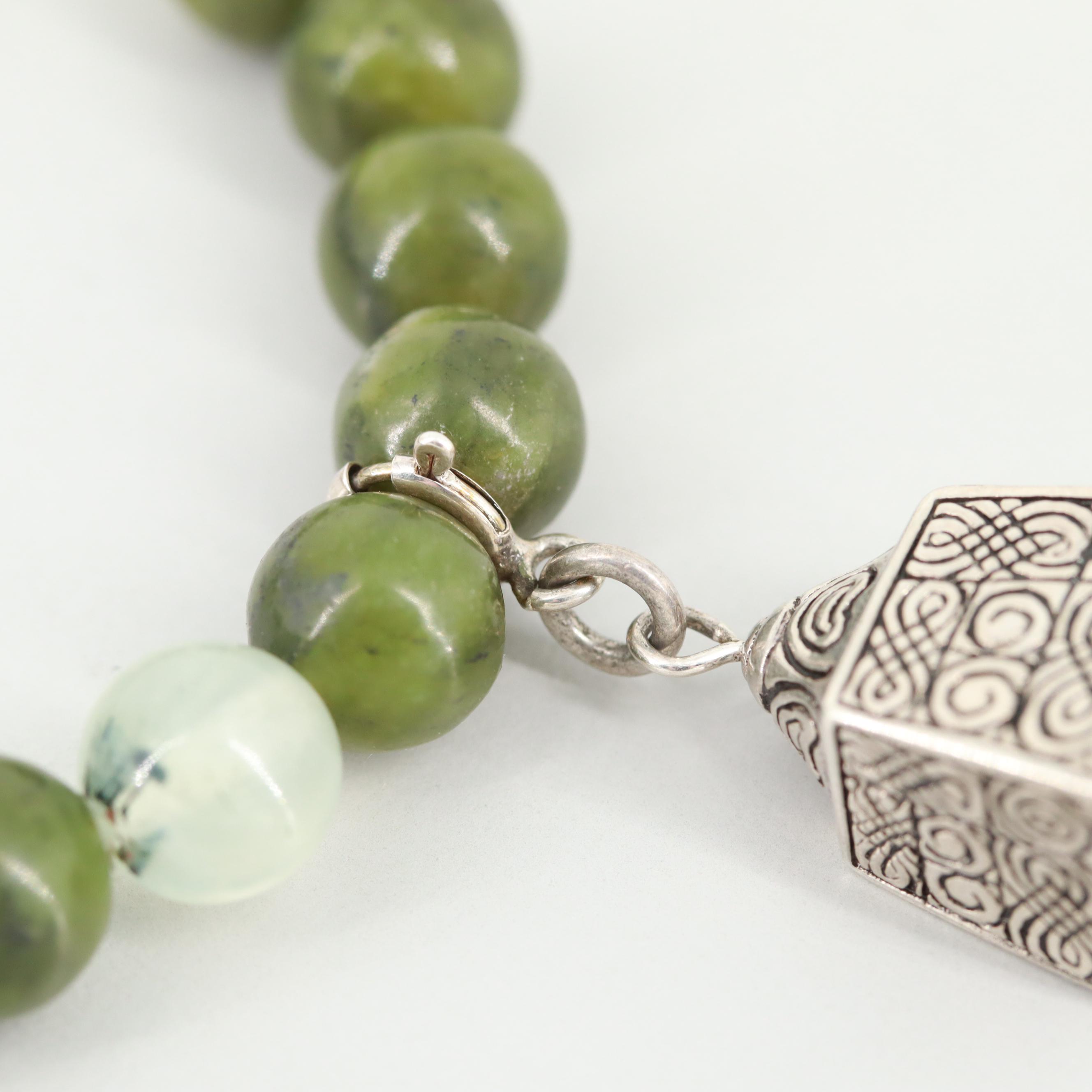 Irish Sterling Silver Nephrite and Prehnite Bead Bracelet With Charm