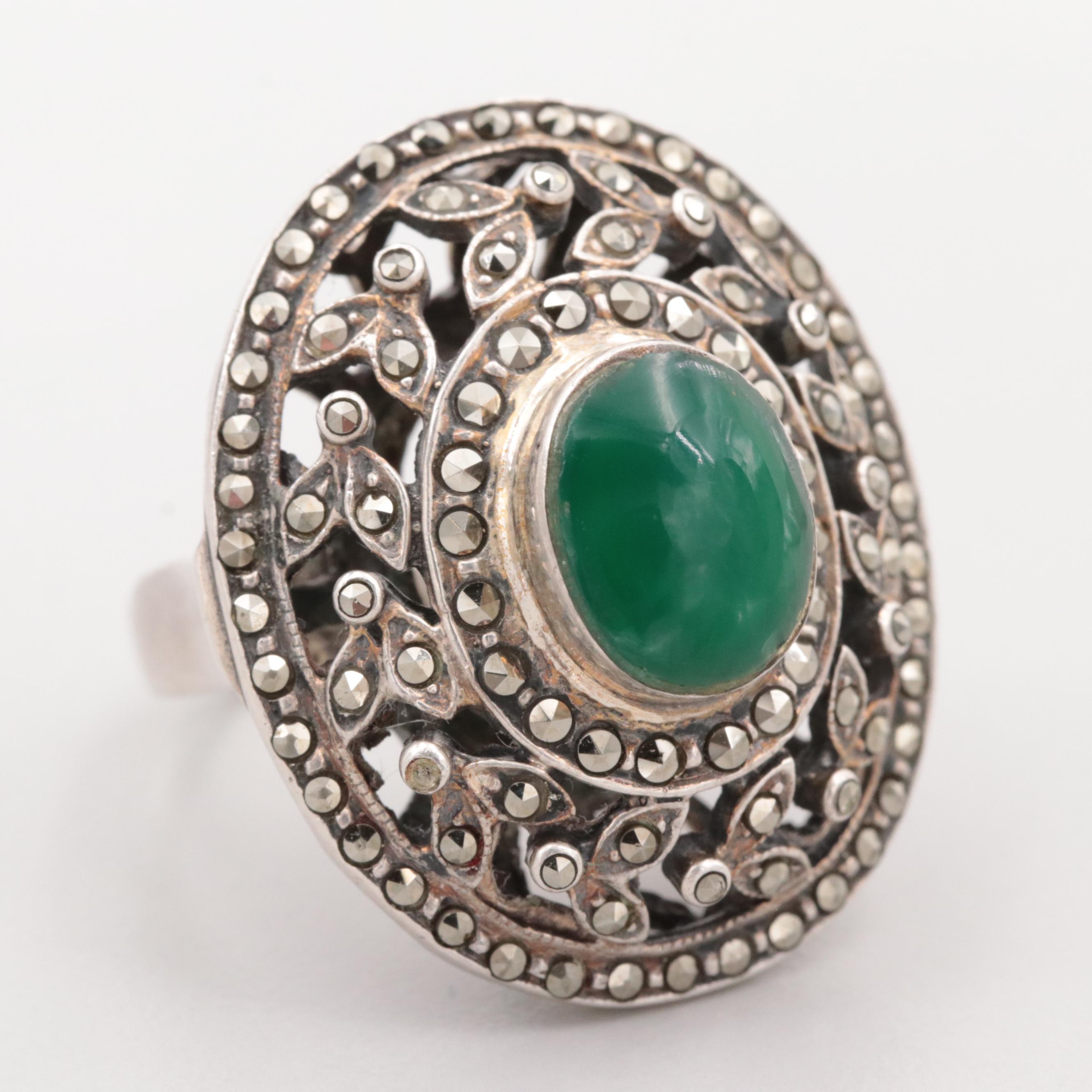 Sterling Silver Chalcedony and Marcasite Open Work Ring