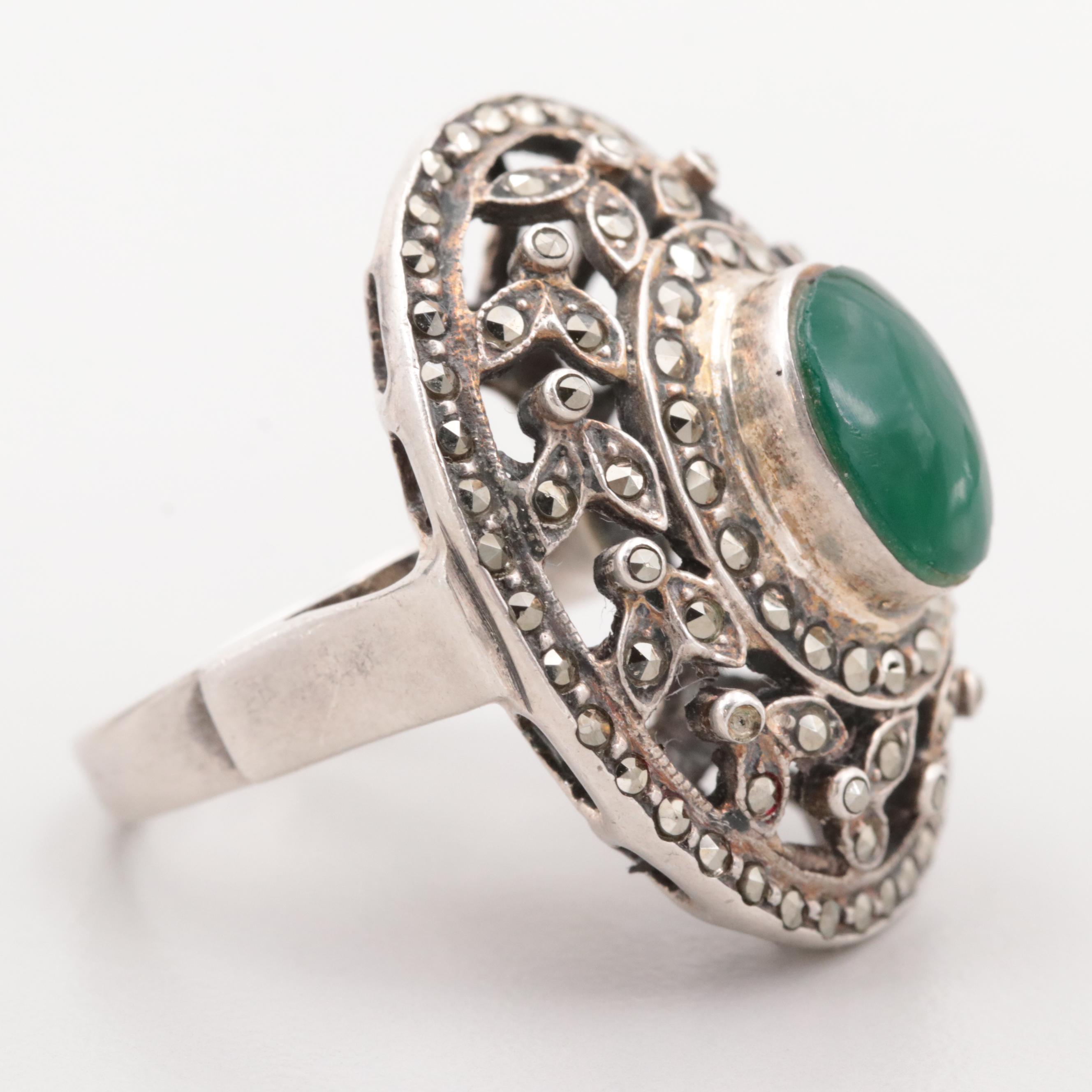 Sterling Silver Chalcedony and Marcasite Open Work Ring