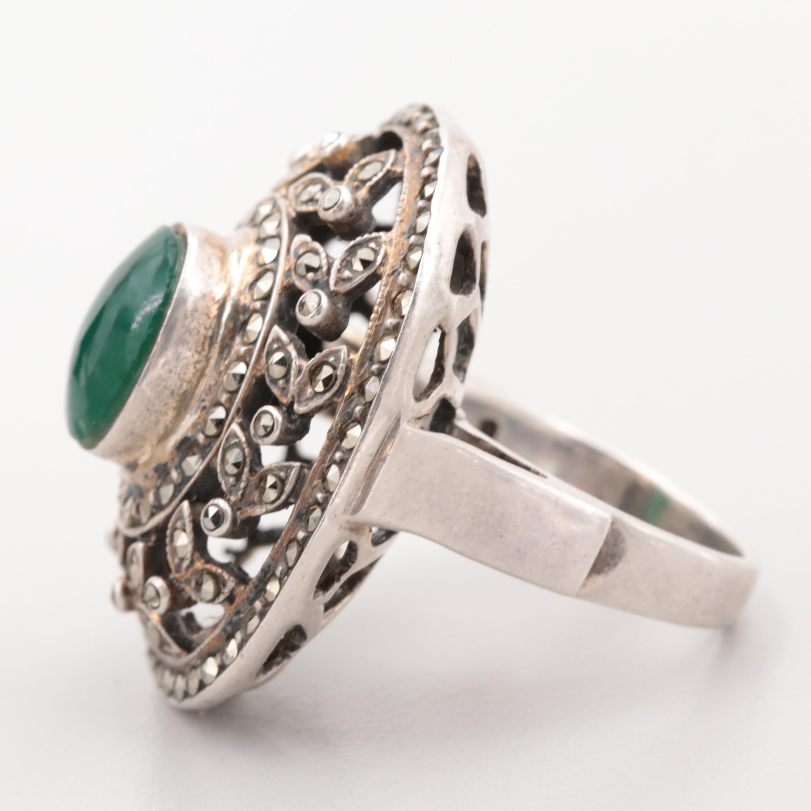 Sterling Silver Chalcedony and Marcasite Open Work Ring