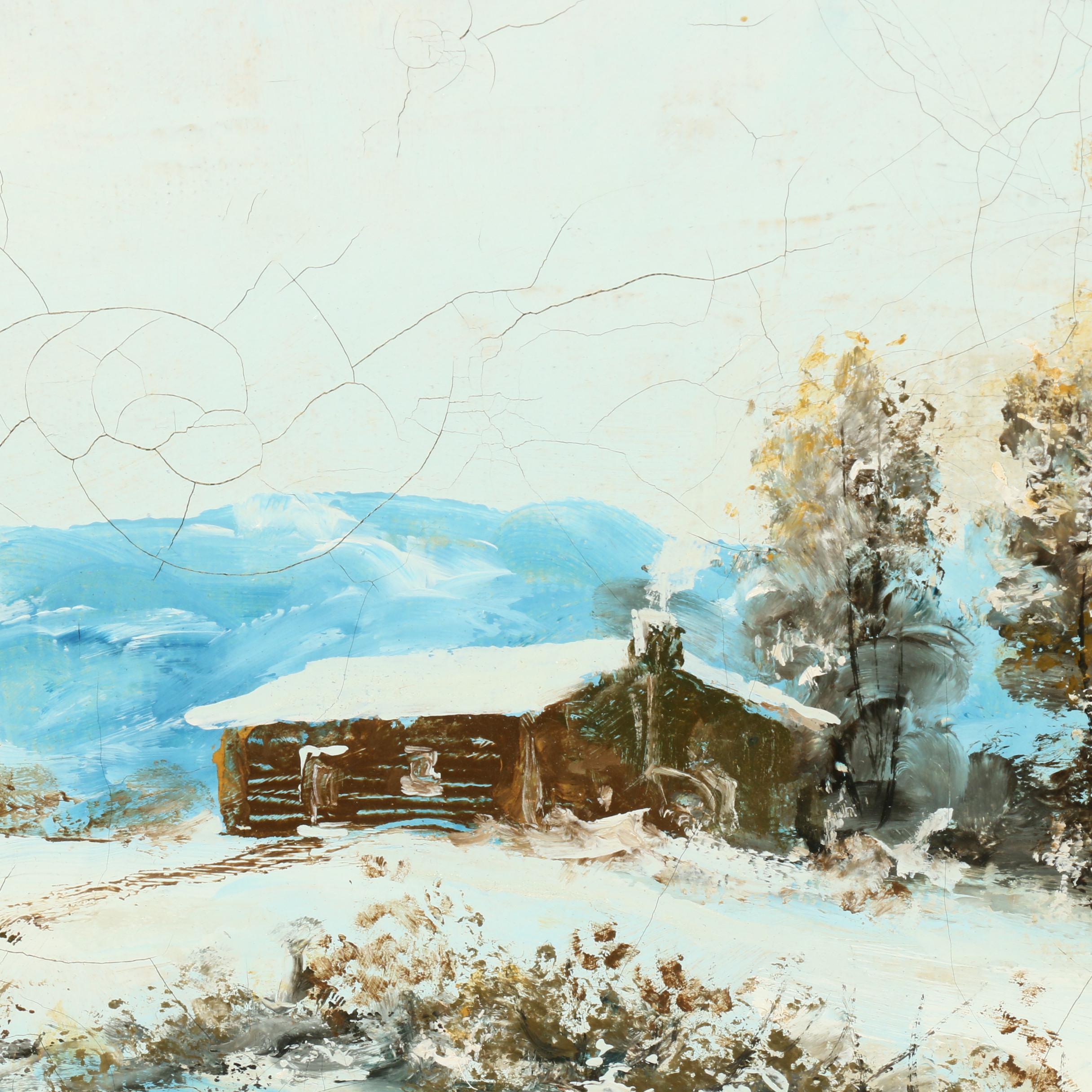 J. Busquets Oil Painting of Cabin in Winter Landscape