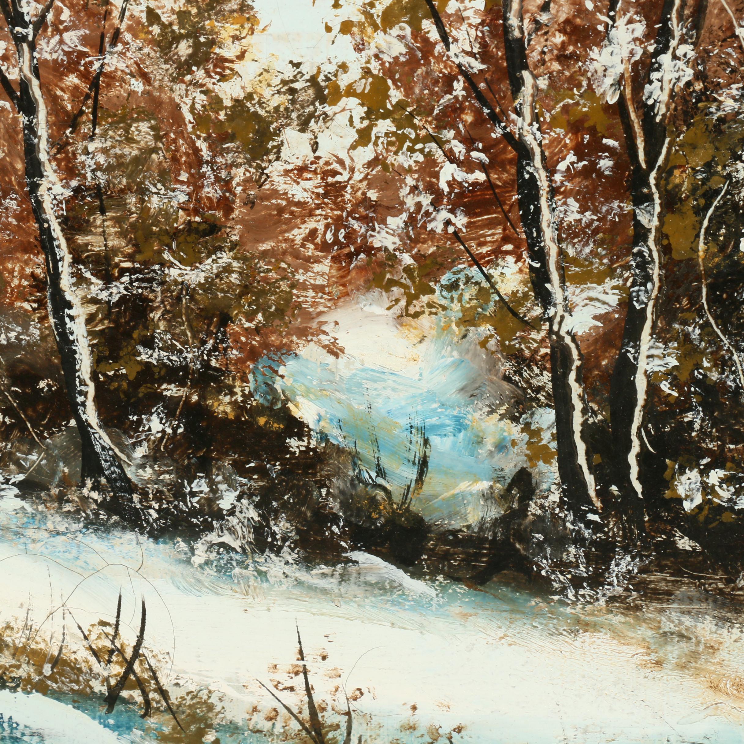 J. Busquets Oil Painting of Cabin in Winter Landscape