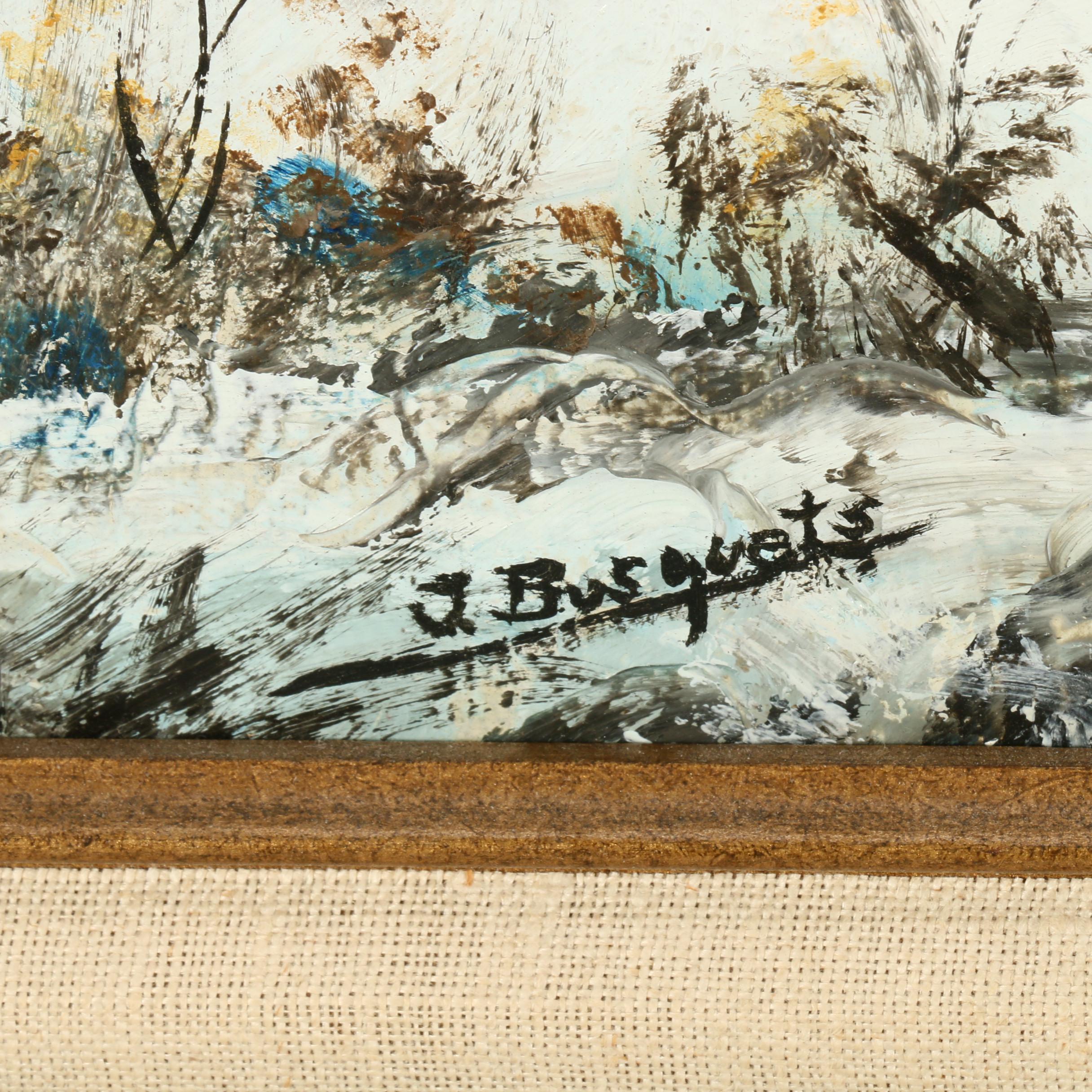 J. Busquets Oil Painting of Cabin in Winter Landscape