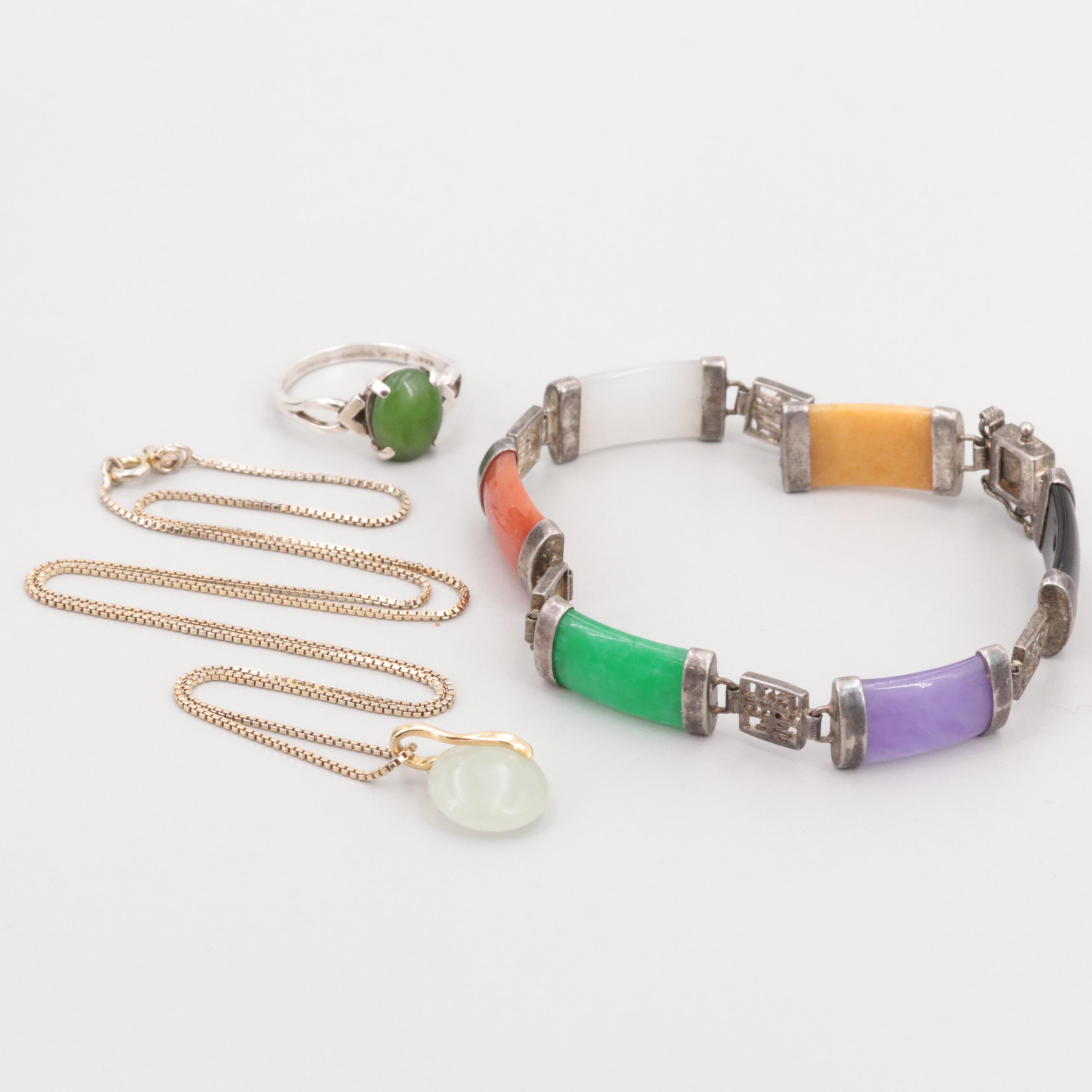 Sterling Jadeite Bracelet and Nephrite Ring with Gold Wash Bowenite Necklace
