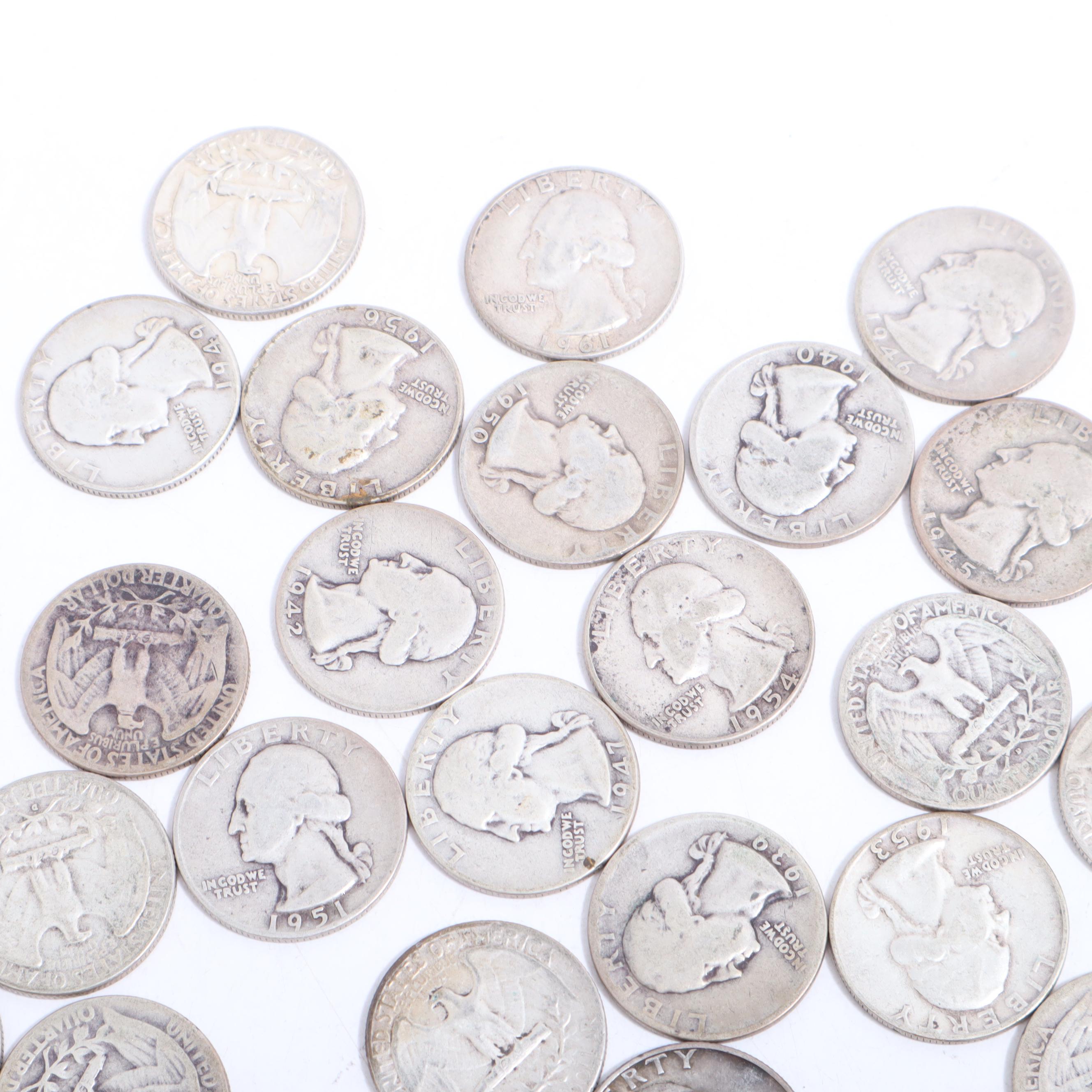 Fifty-Five Washington Silver Quarters