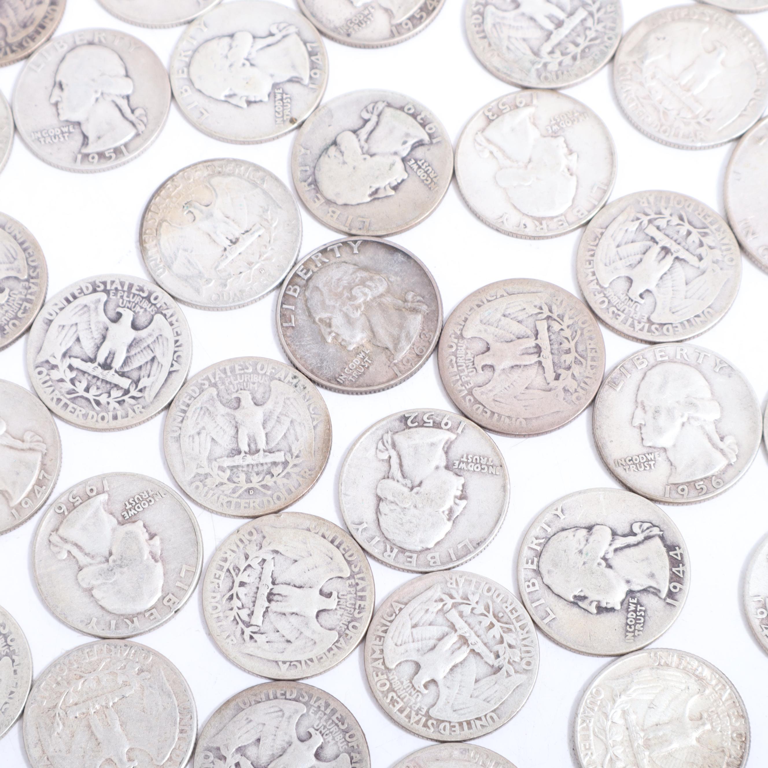 Fifty-Five Washington Silver Quarters