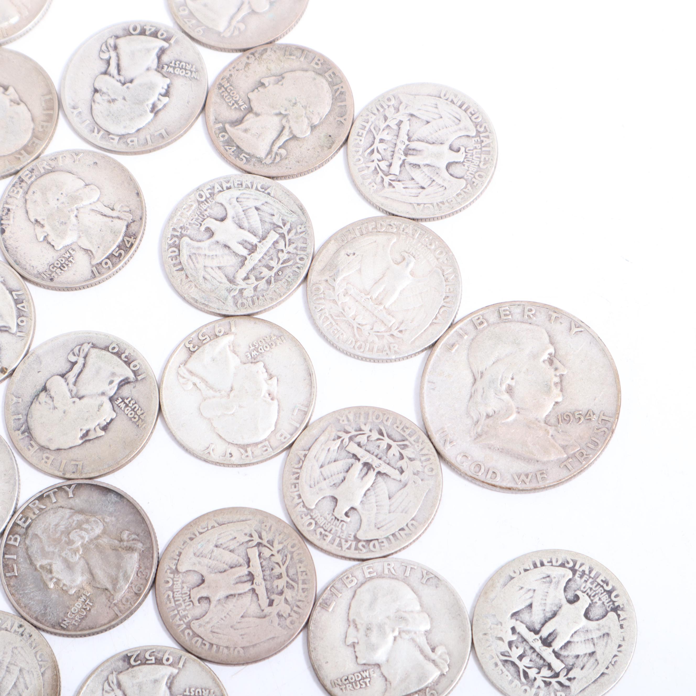 Fifty-Five Washington Silver Quarters