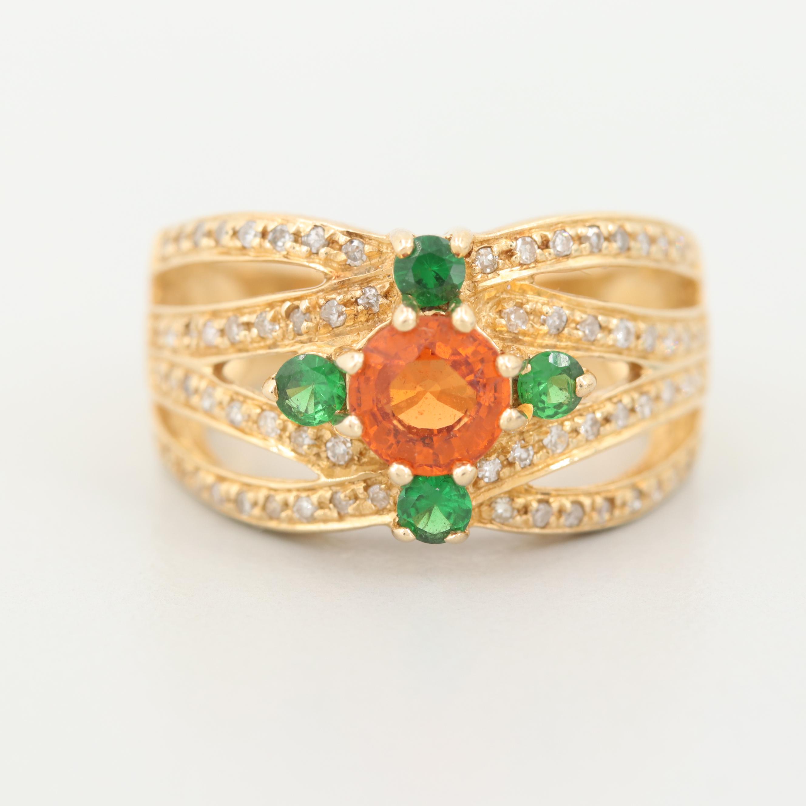 14K Yellow Gold Spessertine, Tsavorite and Diamond Ring