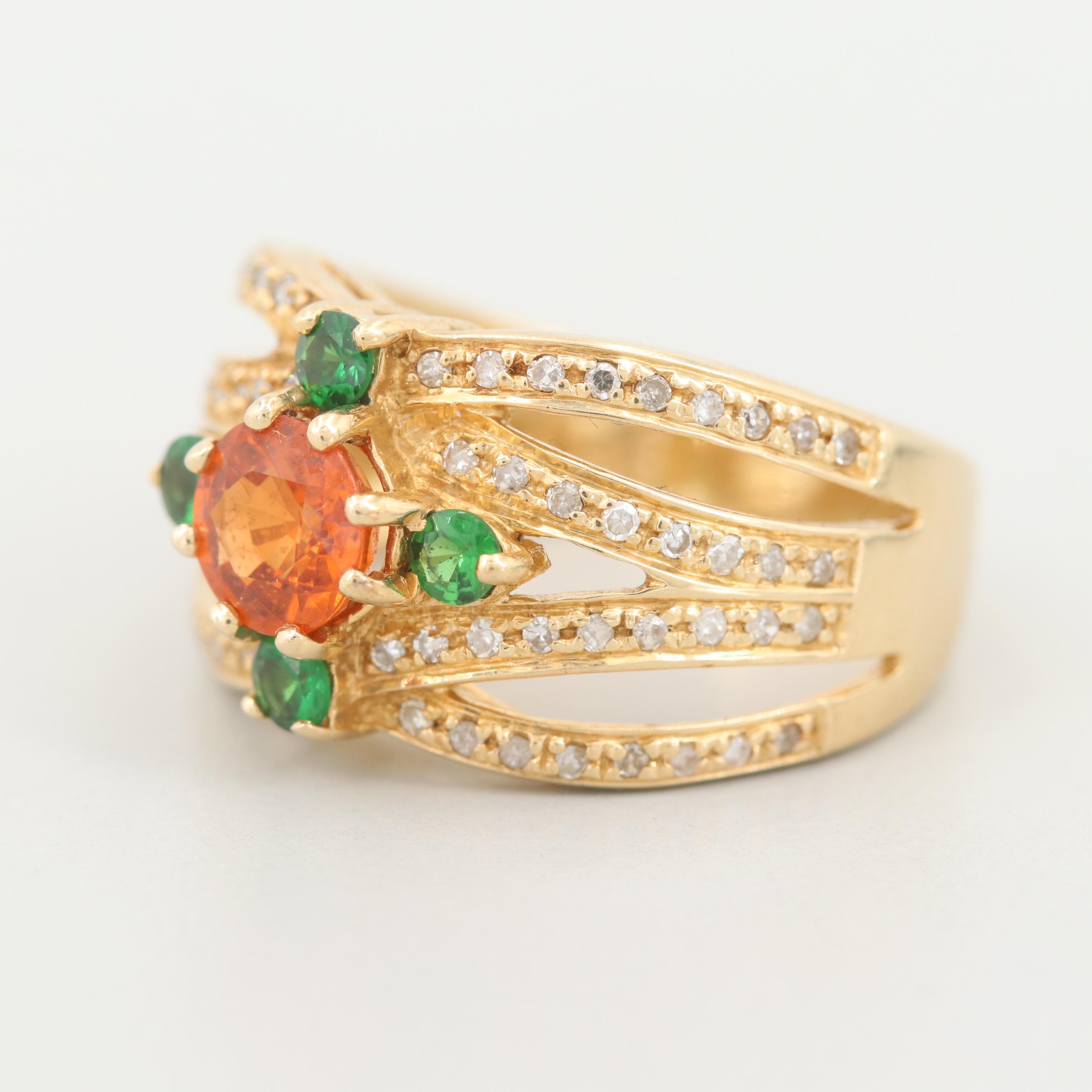 14K Yellow Gold Spessertine, Tsavorite and Diamond Ring