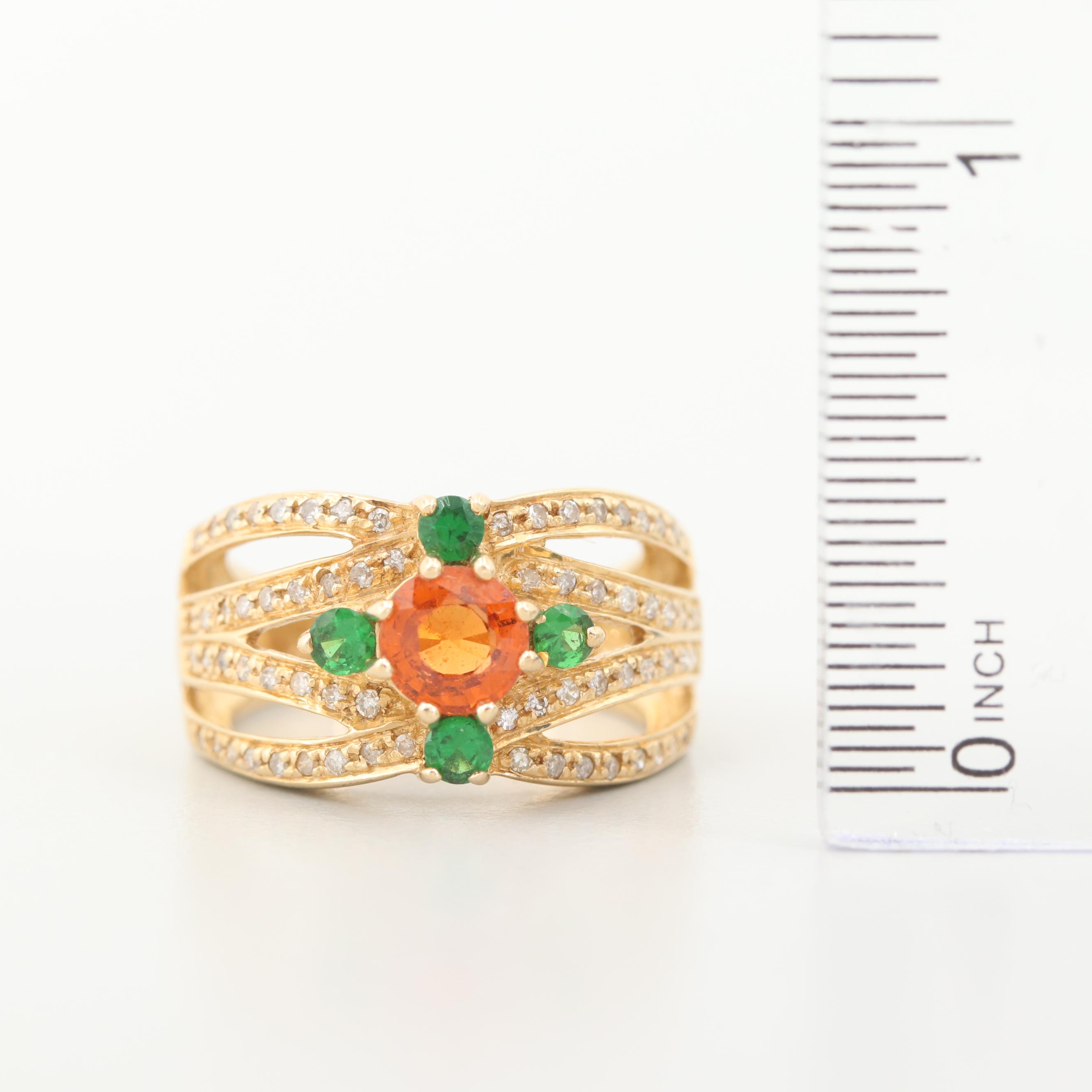 14K Yellow Gold Spessertine, Tsavorite and Diamond Ring