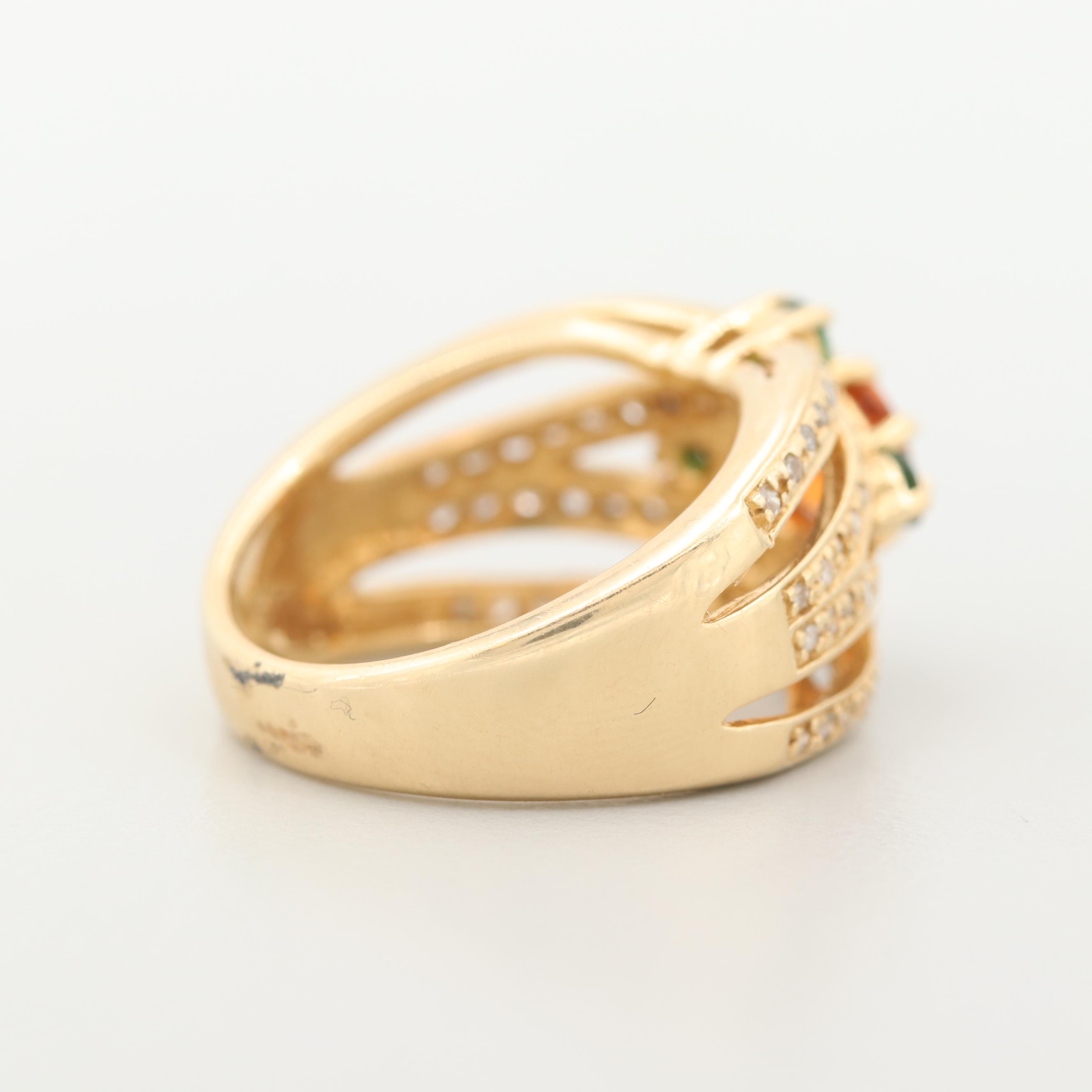 14K Yellow Gold Spessertine, Tsavorite and Diamond Ring