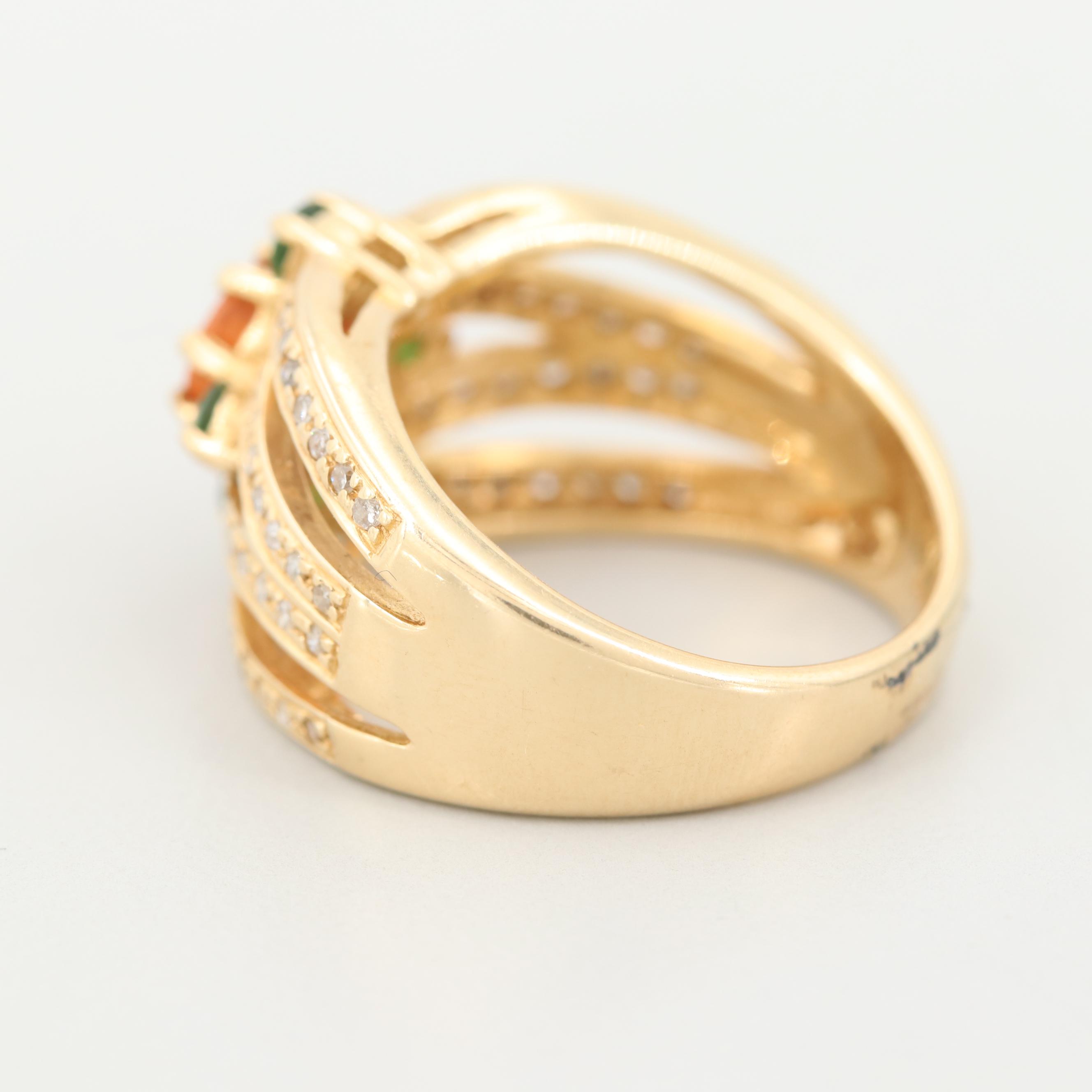 14K Yellow Gold Spessertine, Tsavorite and Diamond Ring