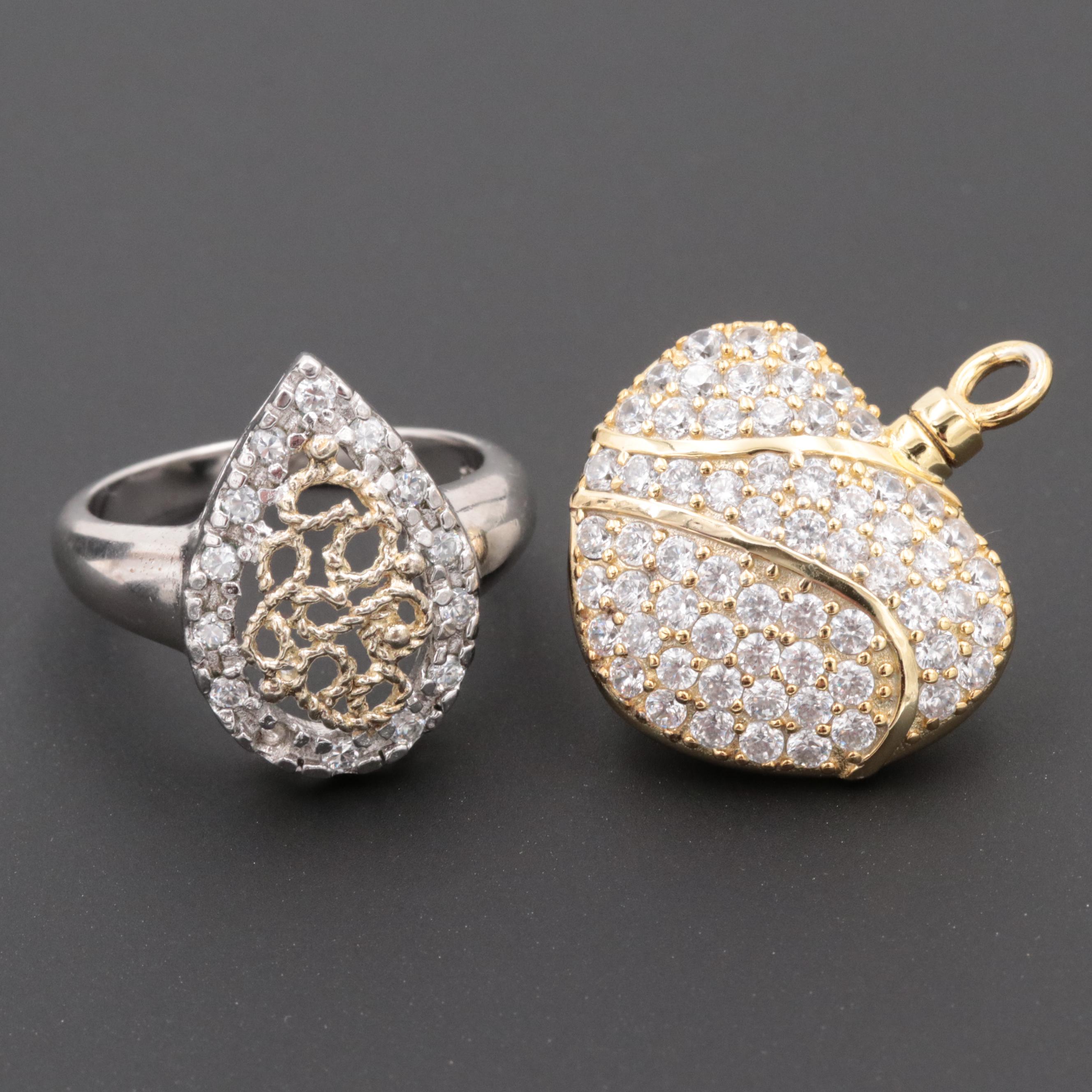 Sterling Silver Cubic Zirconia Ring and Heart Pendant with Gold Wash