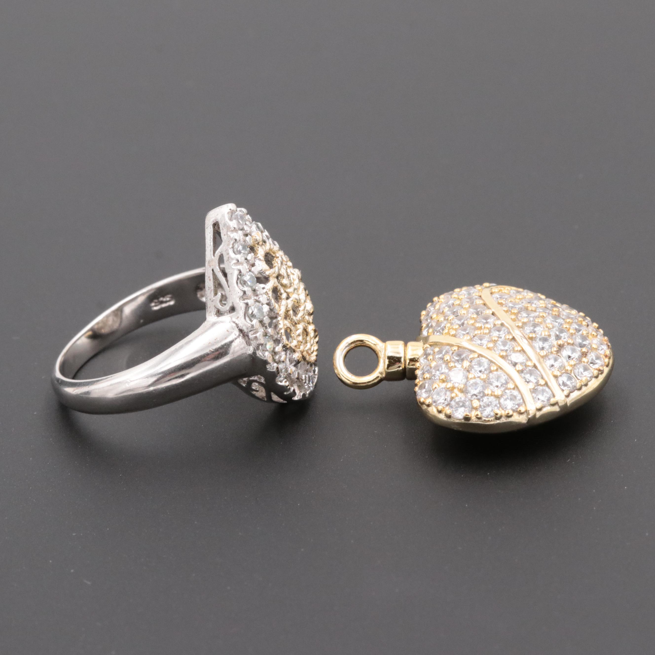Sterling Silver Cubic Zirconia Ring and Heart Pendant with Gold Wash