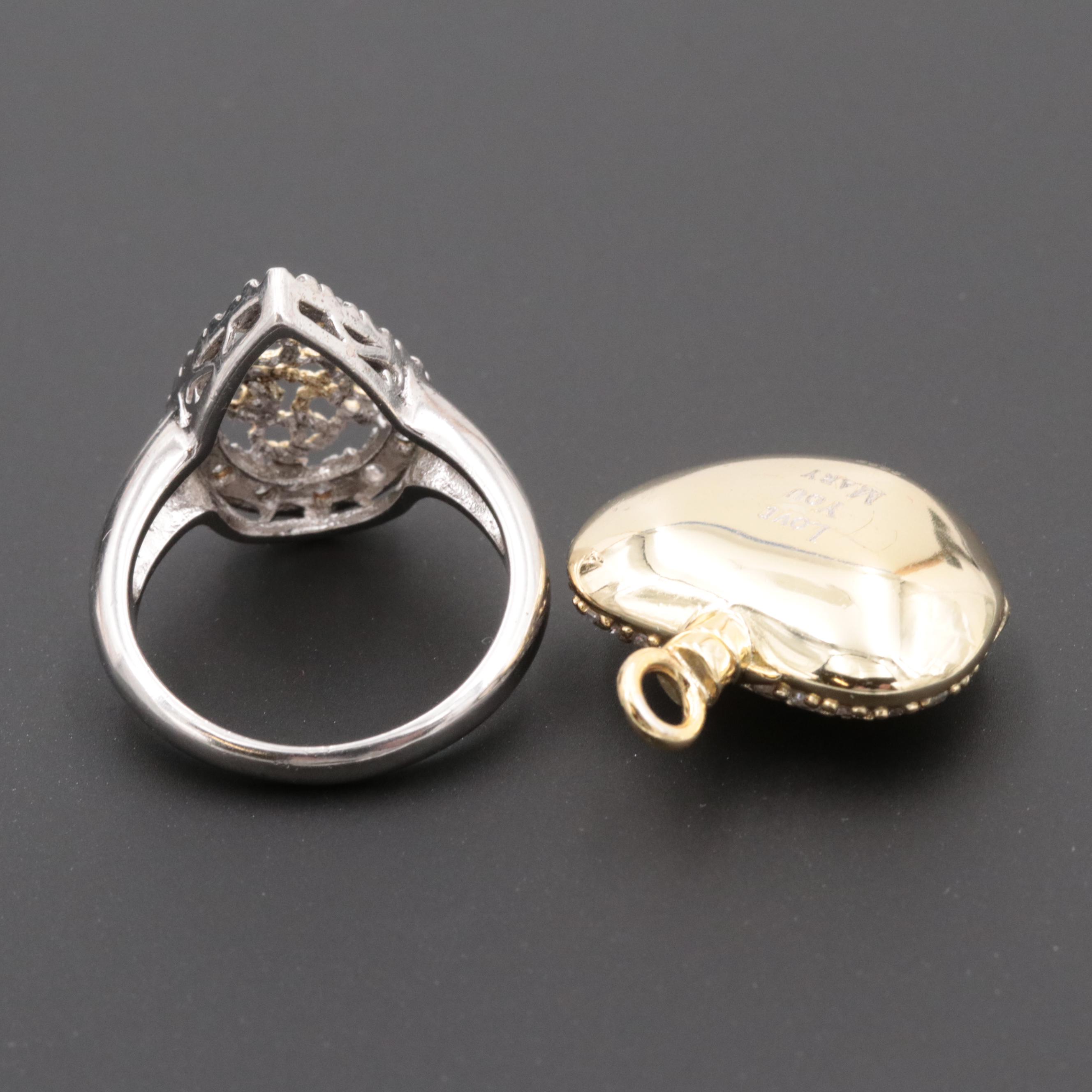 Sterling Silver Cubic Zirconia Ring and Heart Pendant with Gold Wash